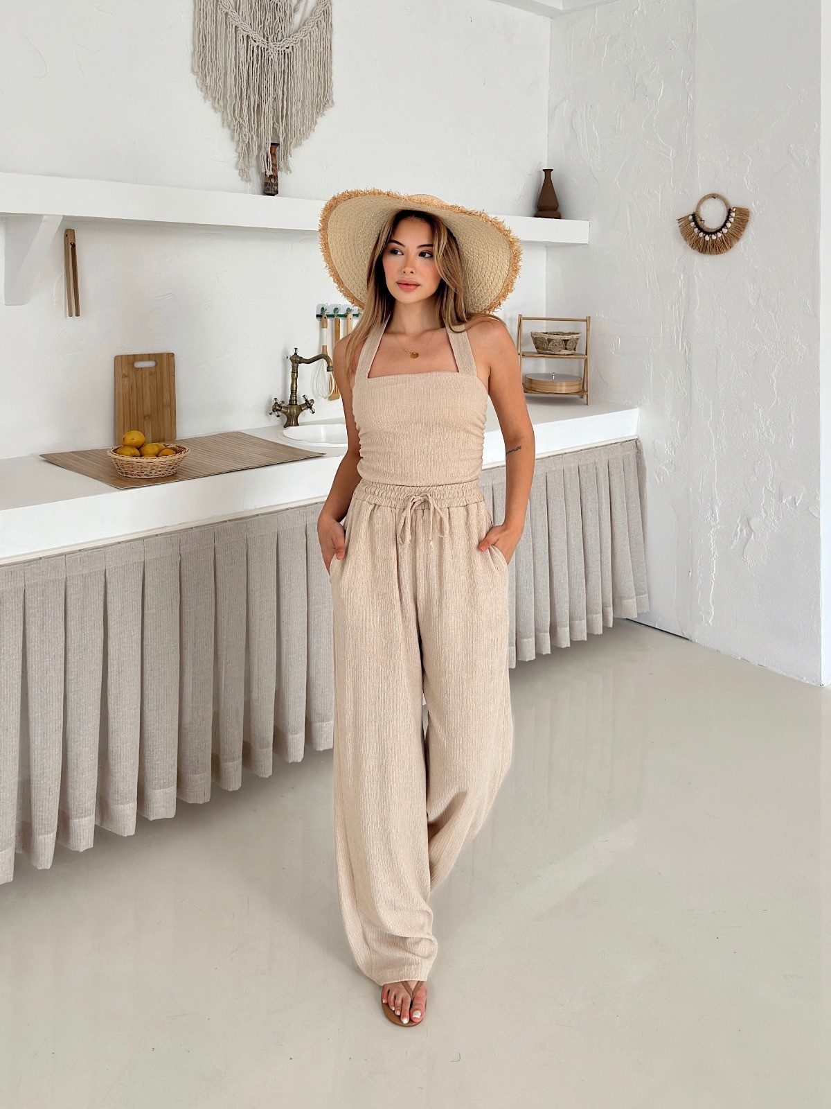 Dokulu bluz ve pantolon takım
