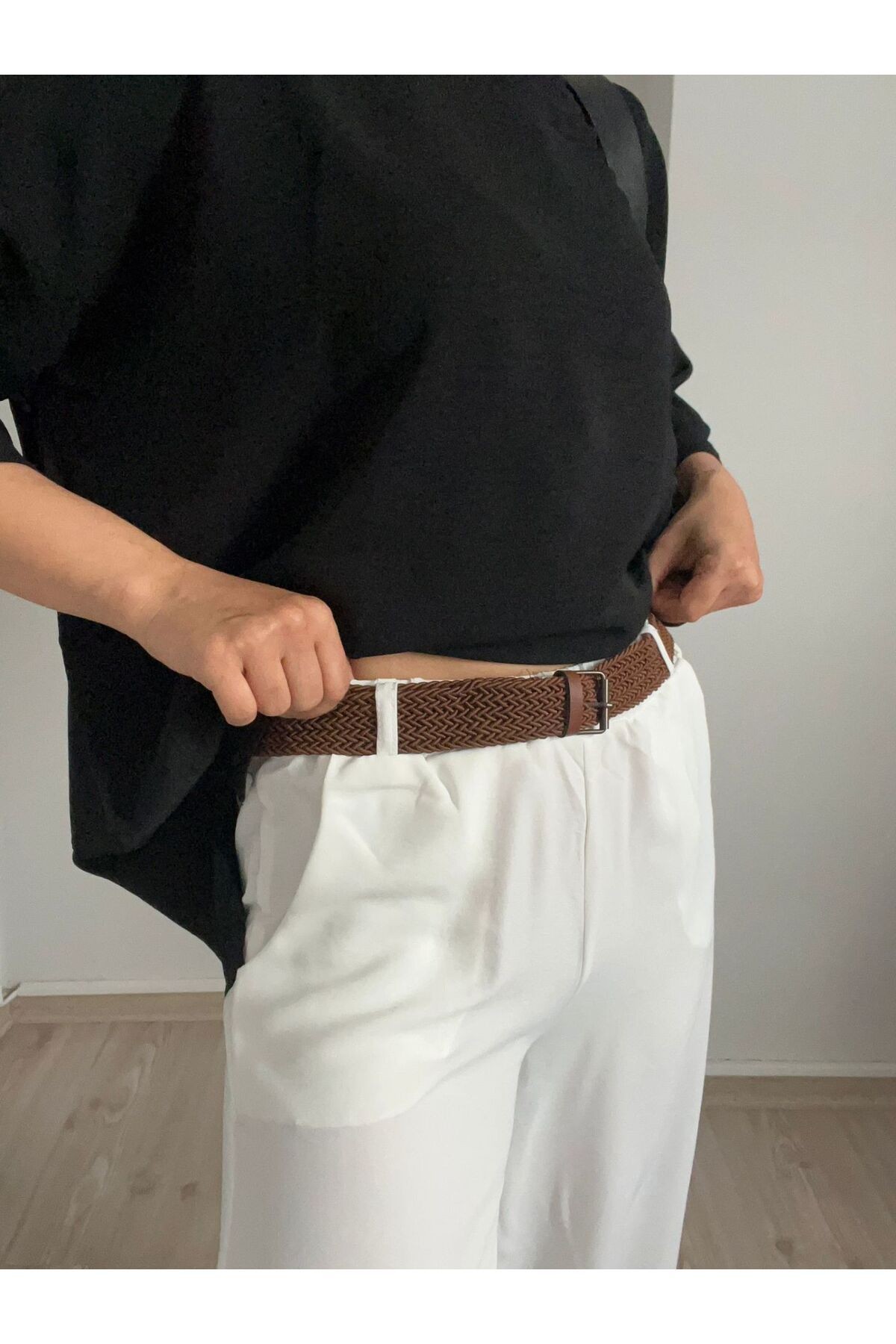 Beli Lastikli Yazlık Bol Paça Pantolon-L - Beyaz