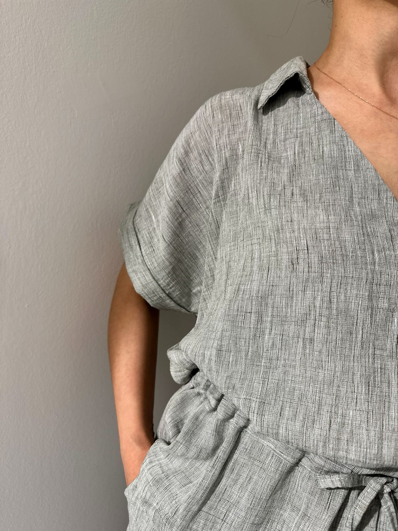 Beli Büzgü Detaylı Kısa Kollu Keten Alt Üst Takım