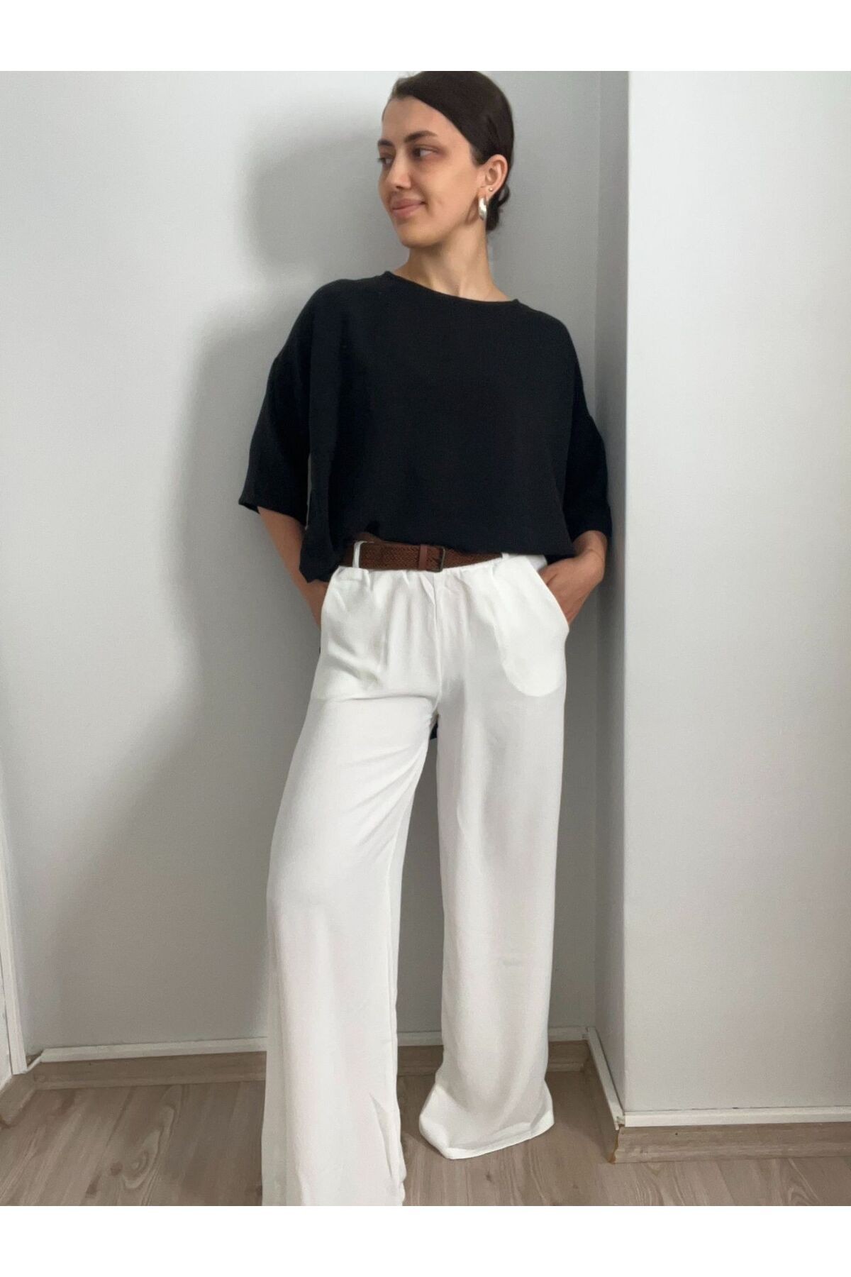 Beli Lastikli Yazlık Bol Paça Pantolon-L - Beyaz