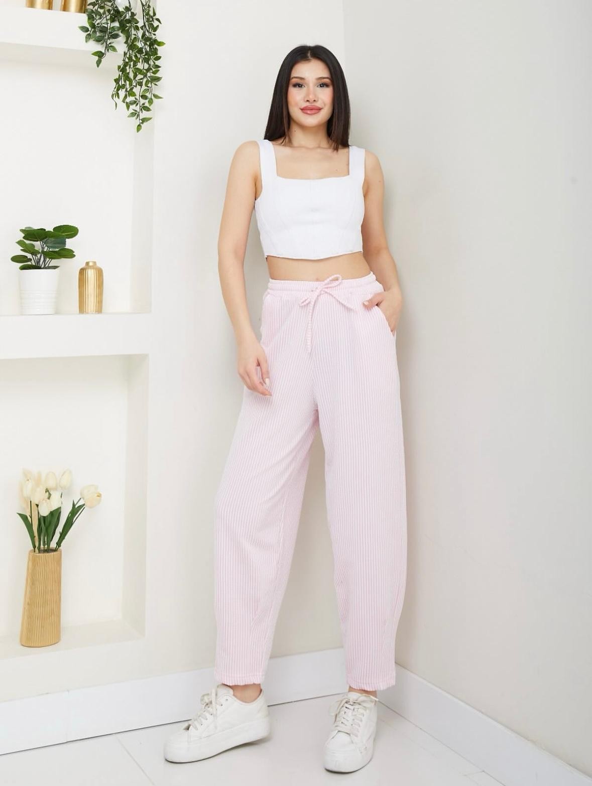 MÜSLİN KUMAŞTAN YUMUŞAK DOKULU ÇİZGİLİ JOGGER ŞALVAR EŞOFMAN ALTI - Pembe