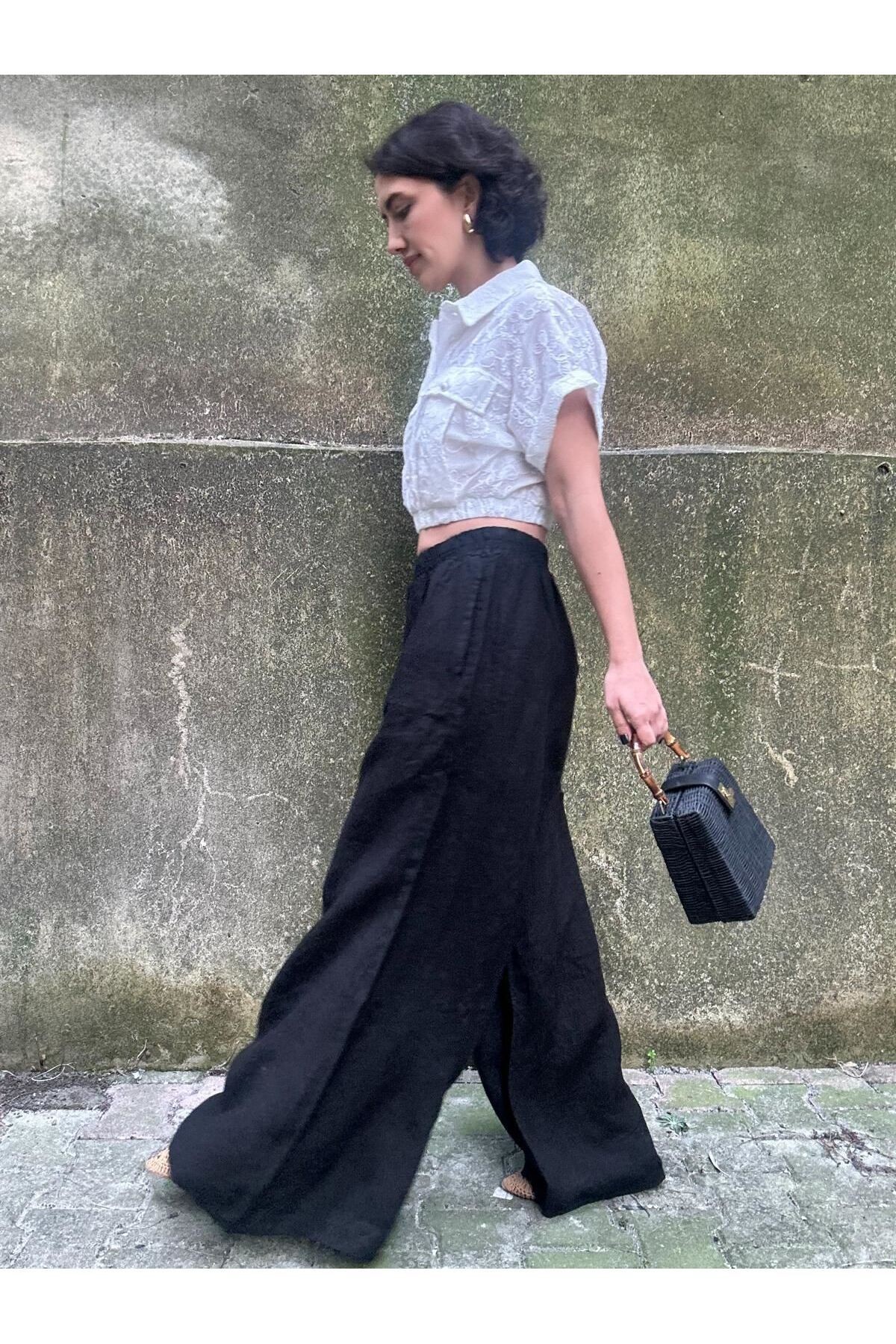 Gömlek Yaka Beli Lastikli Düşük Kol Crop Bluz - Beyaz
