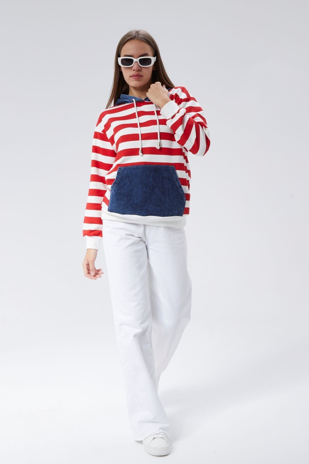 Oversize Kanguru Cepli Kapüşonlu Çizgili Adriana Sweatshirt 