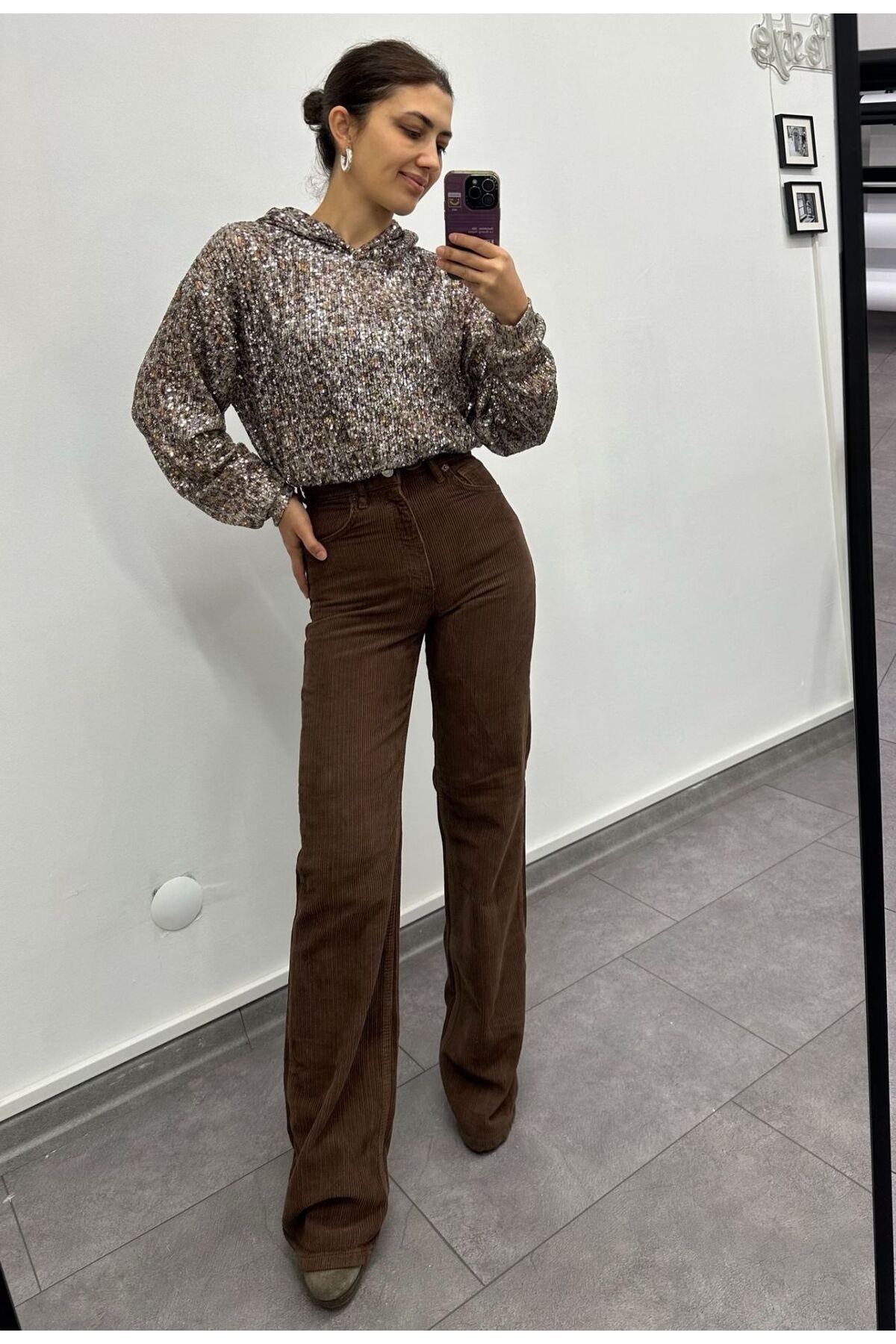 Leopar Desen Pullu Kumaş Kapüşonlu Uzun Kol Sweat Bluz