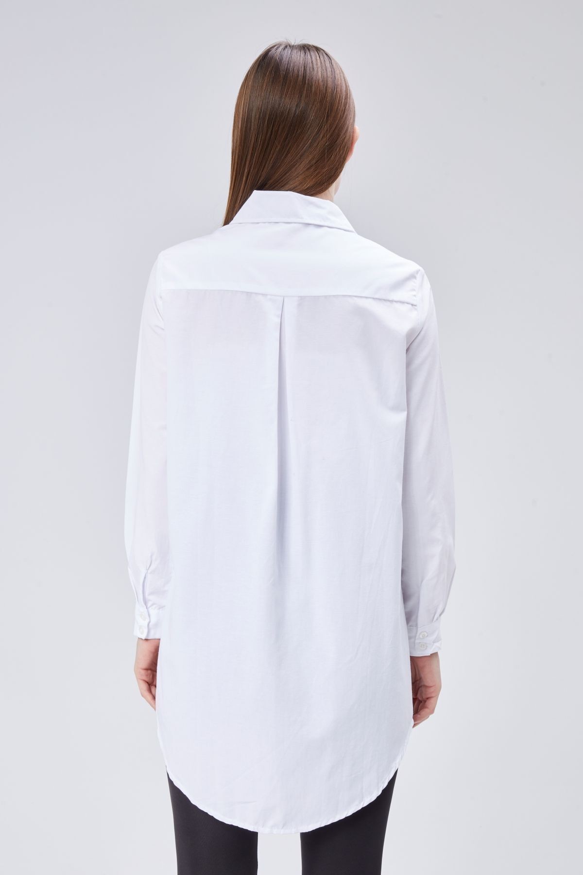 Beyaz Oversize Uzun Basic Poplin Gömlek - Beyaz