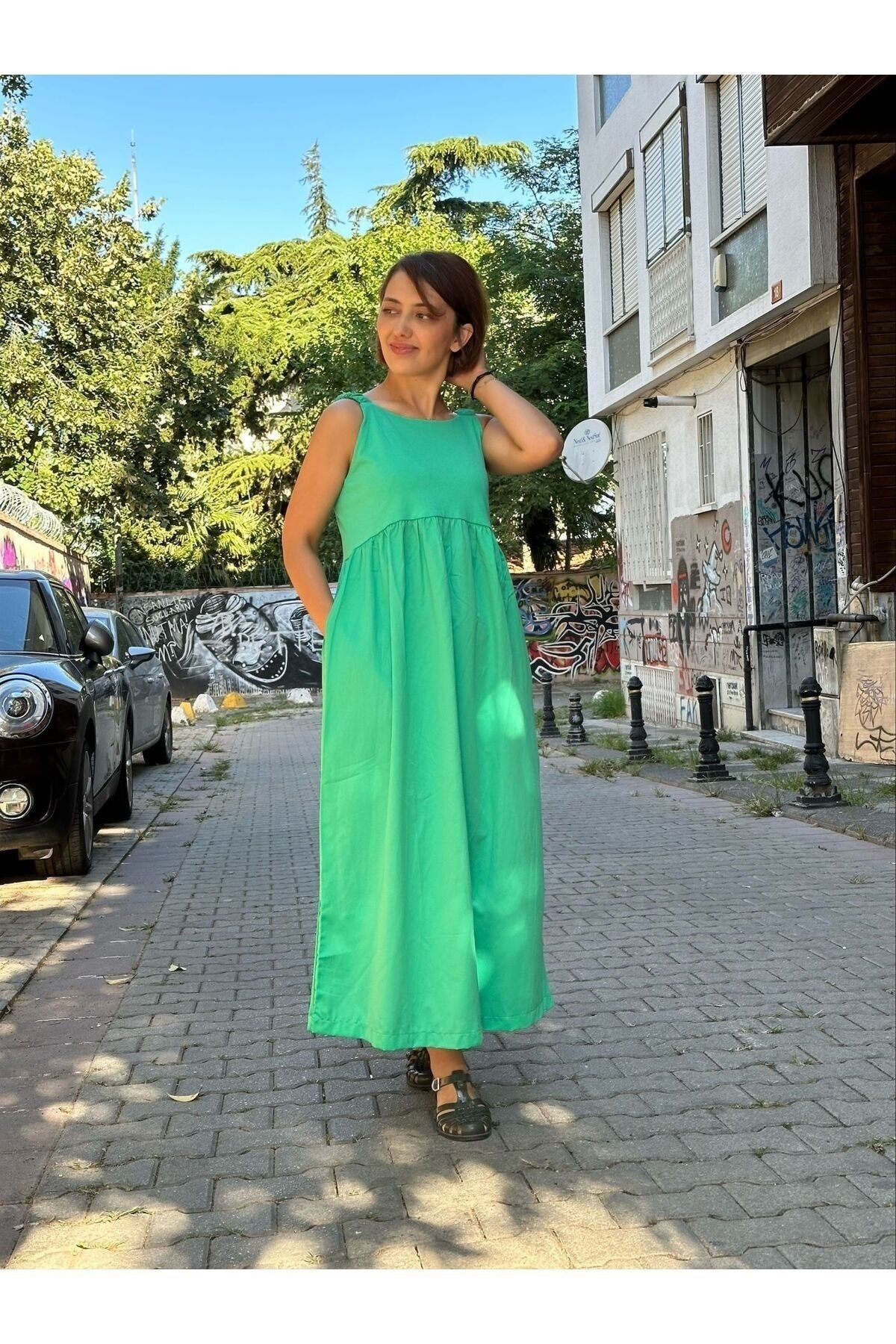Yeşlil Maxi Boy Askılı Yazlık Uzun Elbise-M