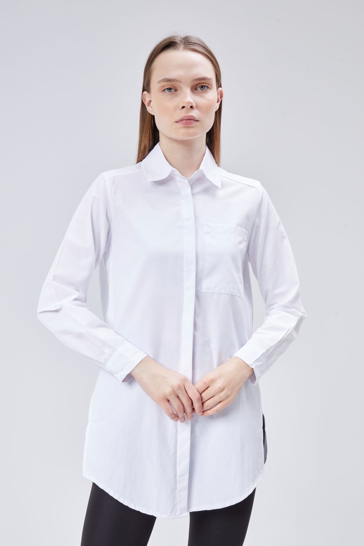 Beyaz Oversize Uzun Basic Poplin Gömlek - Beyaz