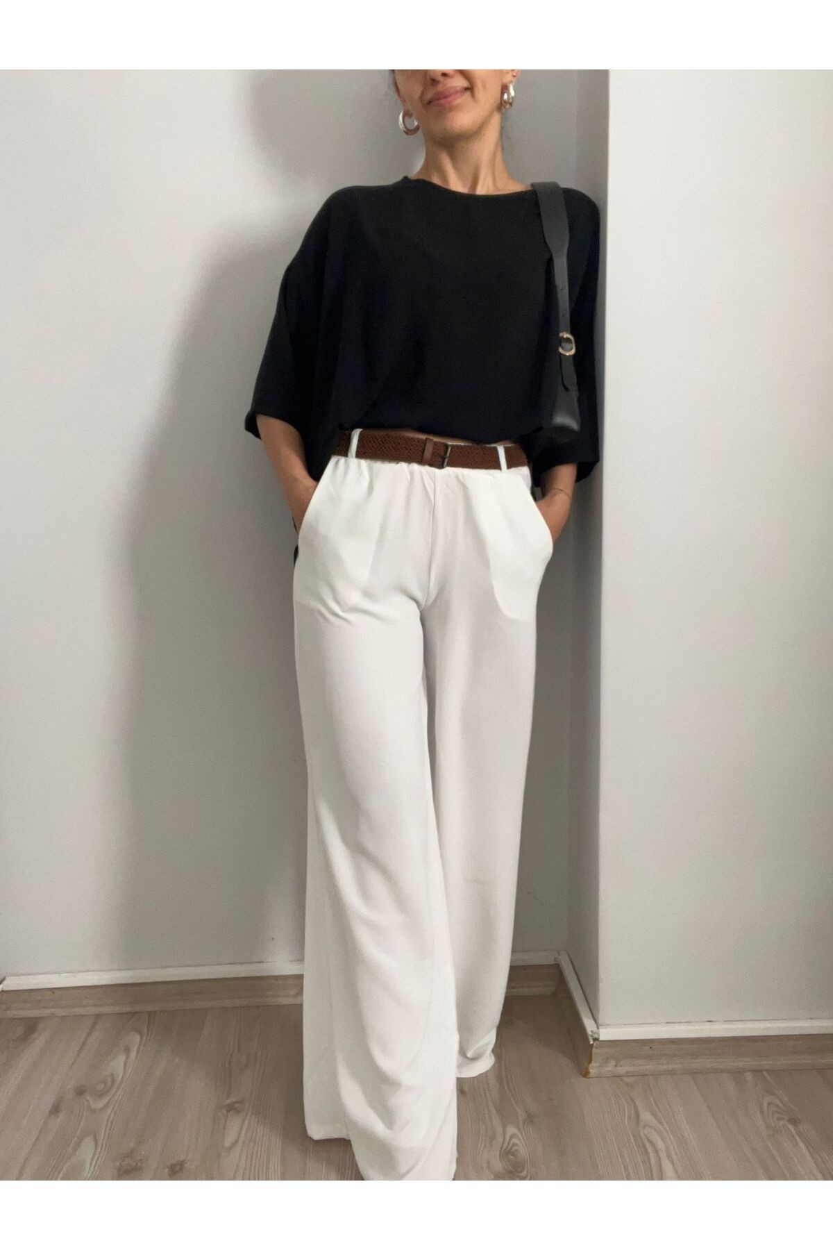 Beli Lastikli Yazlık Bol Paça Pantolon-L - Beyaz