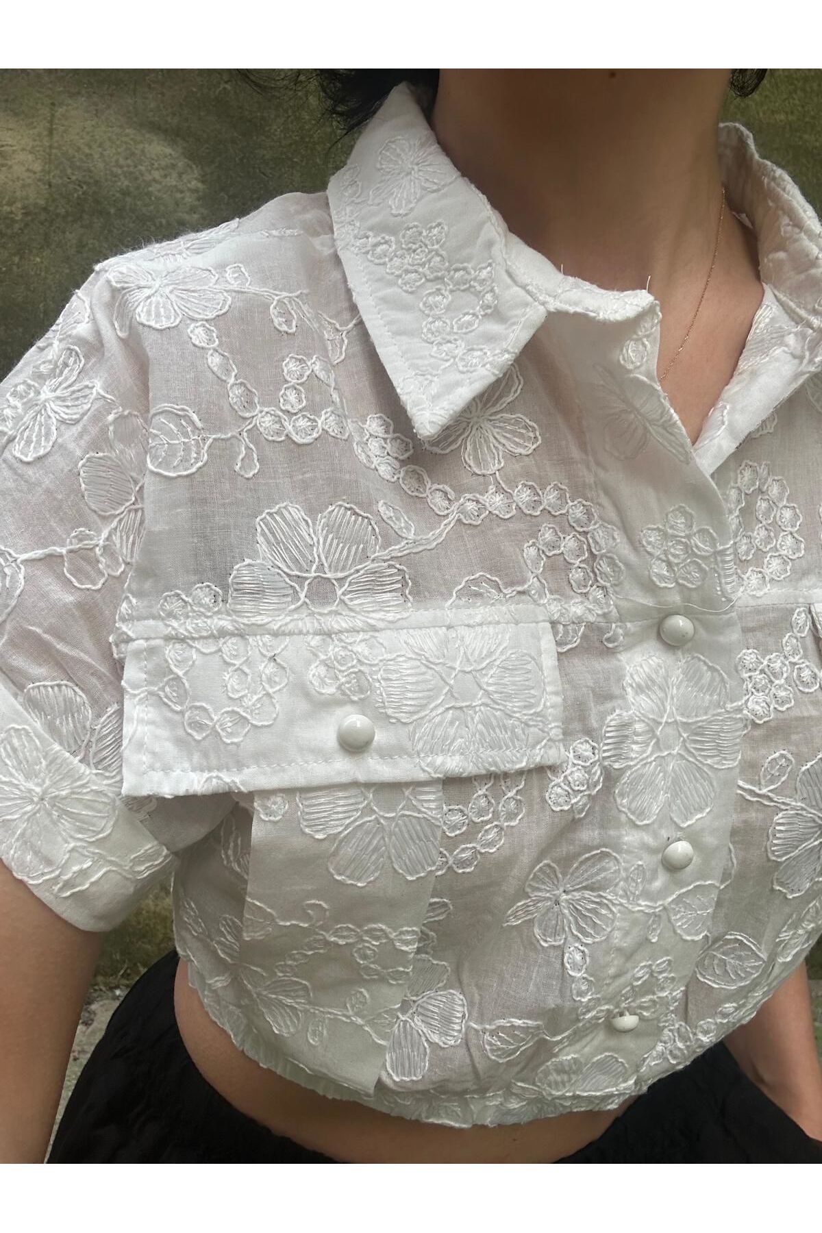 Gömlek Yaka Beli Lastikli Düşük Kol Crop Bluz - Beyaz