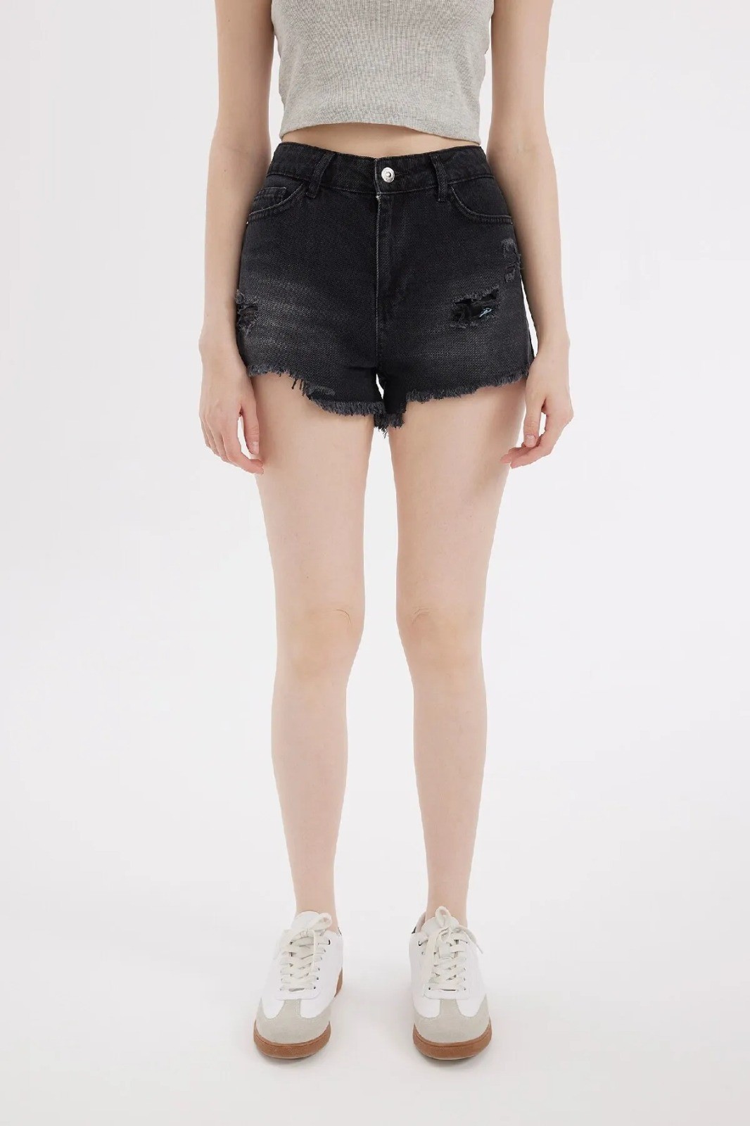 Yırtık denim şort - Antrasit