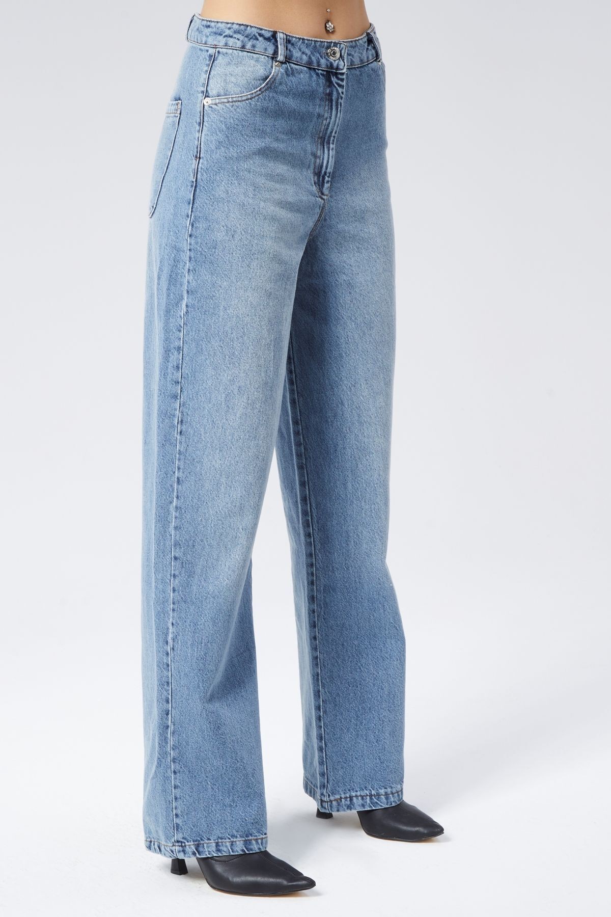 Malibu Kolej Denim Boru Paça Jean Kot Pantolon - Mavi