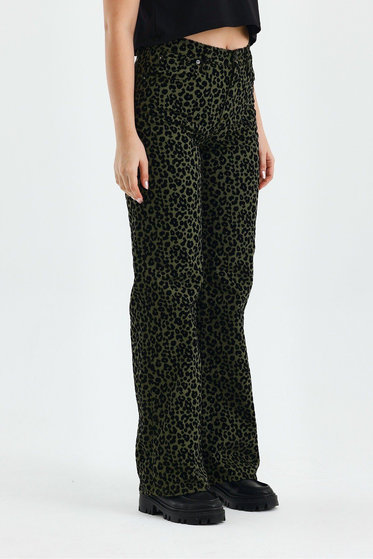 Animal Print Yüksek Bel Flare Paça Leopar Desenli Kadife Pantolon