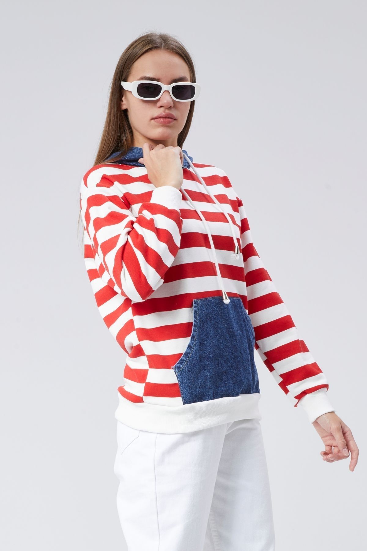 Oversize Kanguru Cepli Kapüşonlu Çizgili Adriana Sweatshirt 