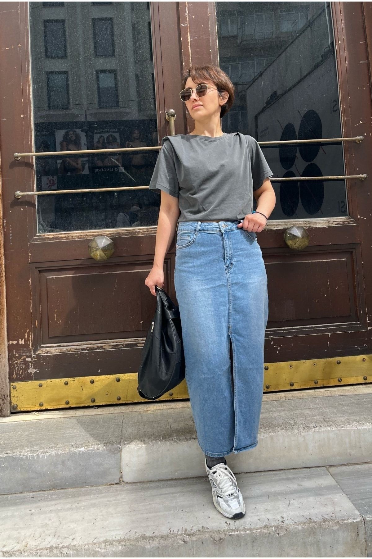 Açık Mavi Jean Önden Yırtmaçlı Denim Kot Kalem Etek