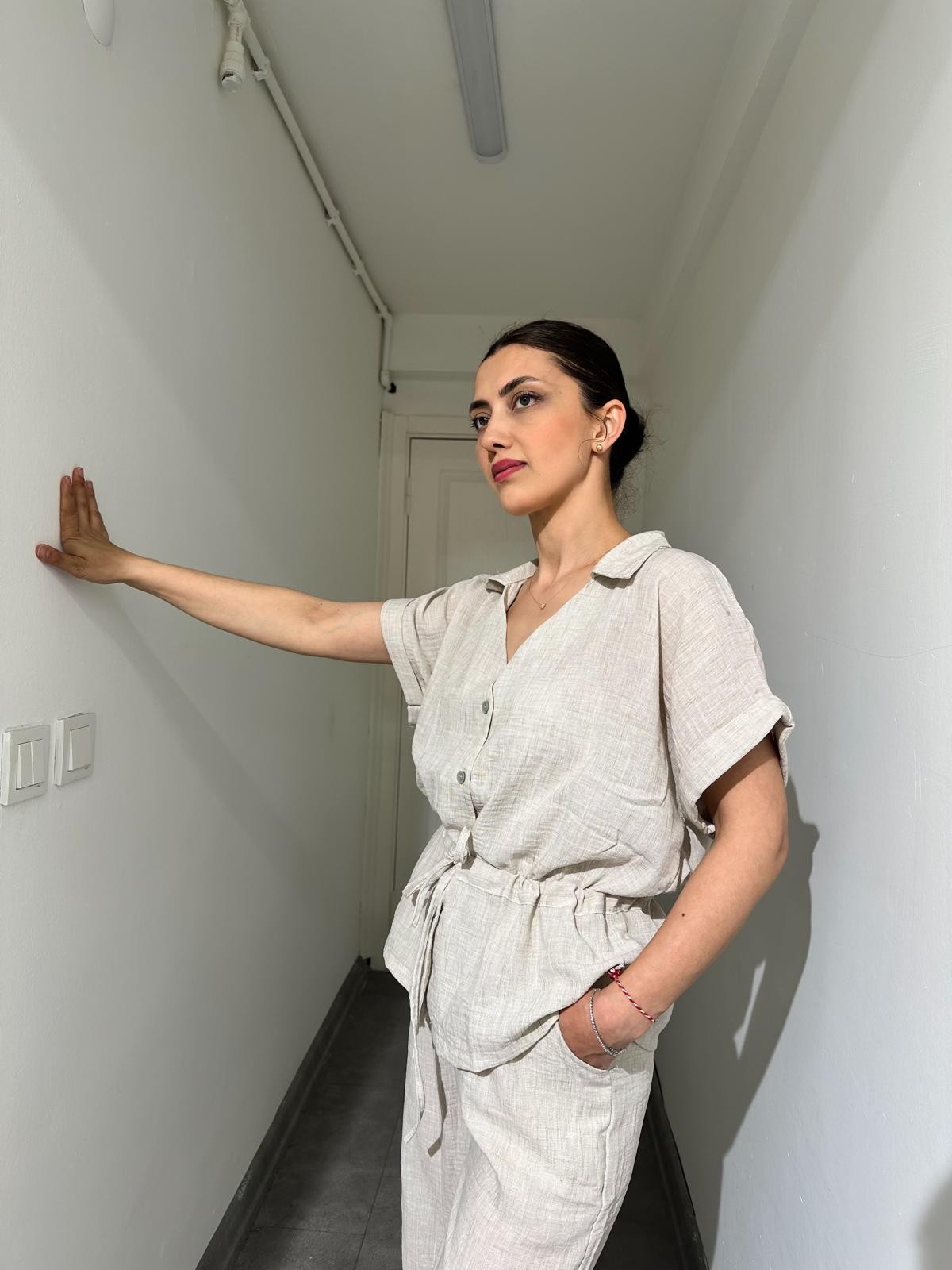 Beli Büzgü Detaylı Kısa Kollu Keten Alt Üst Takım
