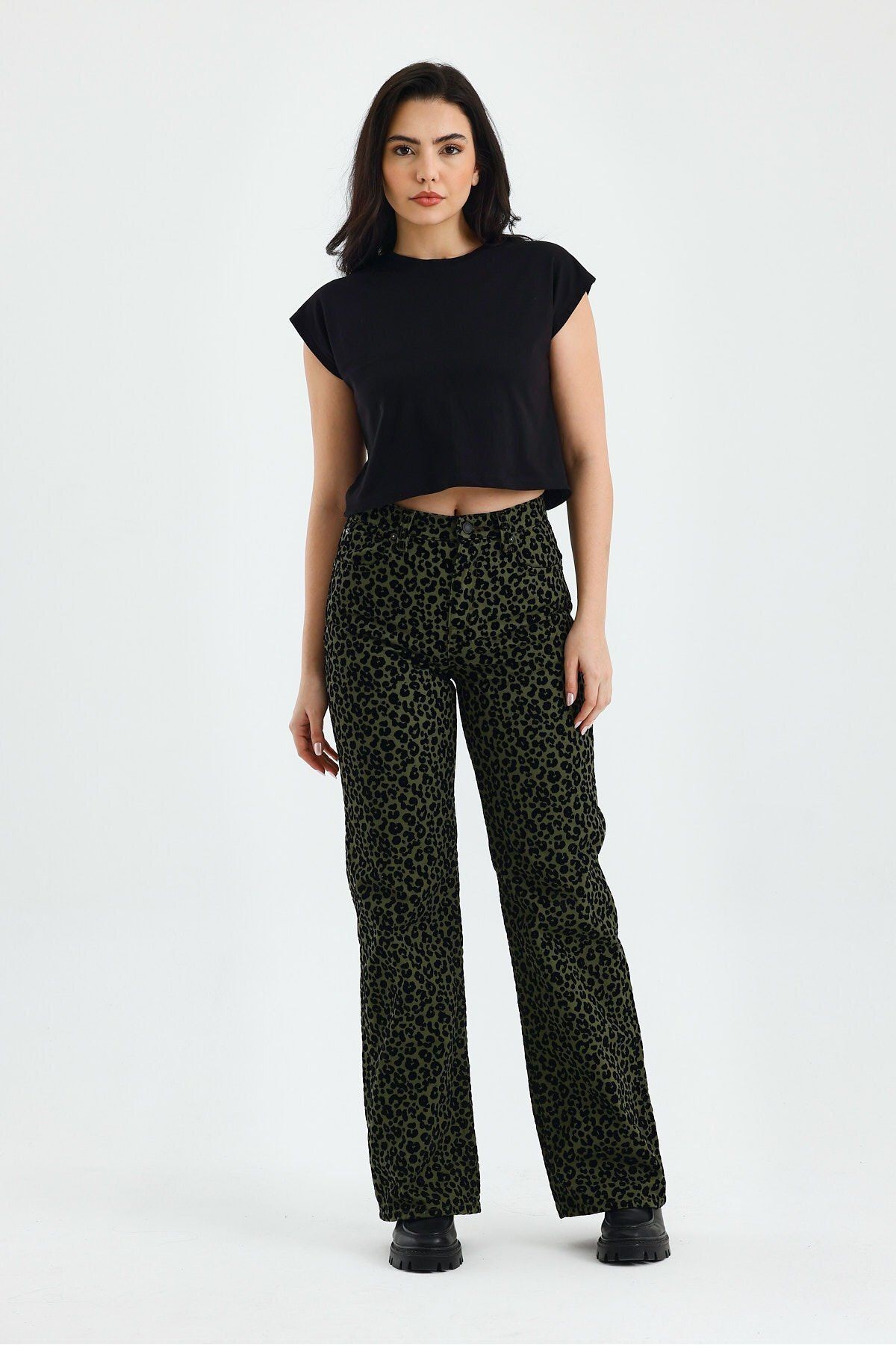 Animal Print Yüksek Bel Flare Paça Leopar Desenli Kadife Pantolon