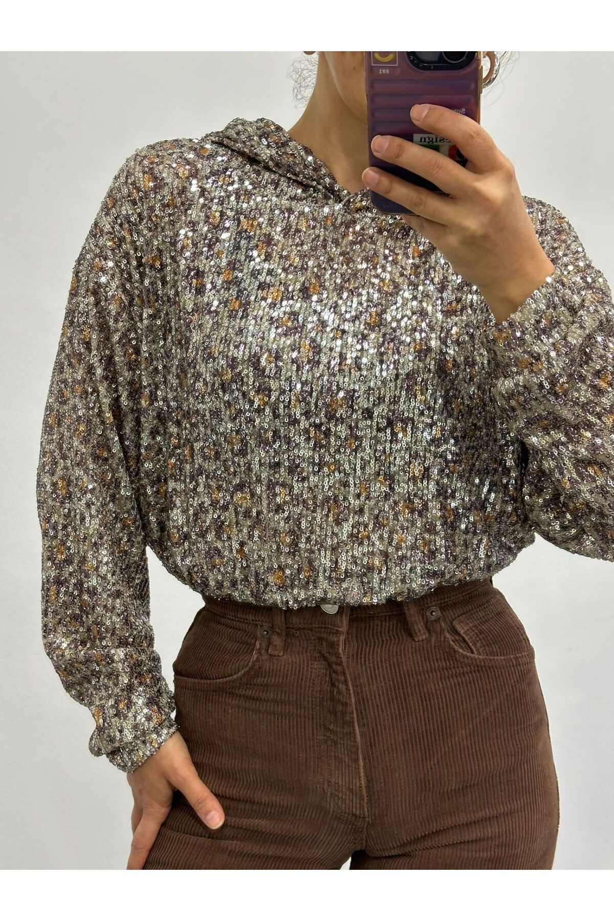 Leopar Desen Pullu Kumaş Kapüşonlu Uzun Kol Sweat Bluz