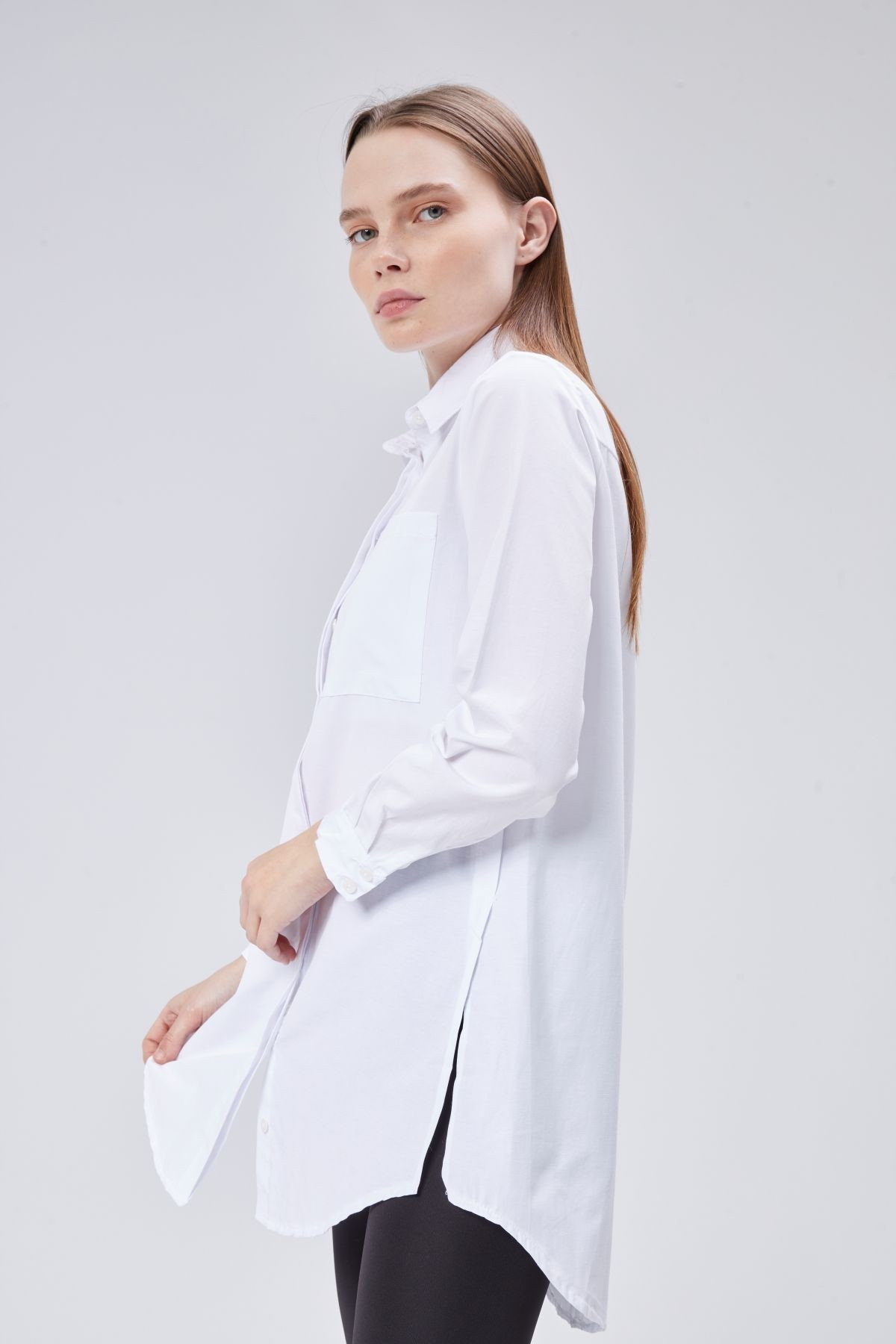 Beyaz Oversize Uzun Basic Poplin Gömlek - Beyaz