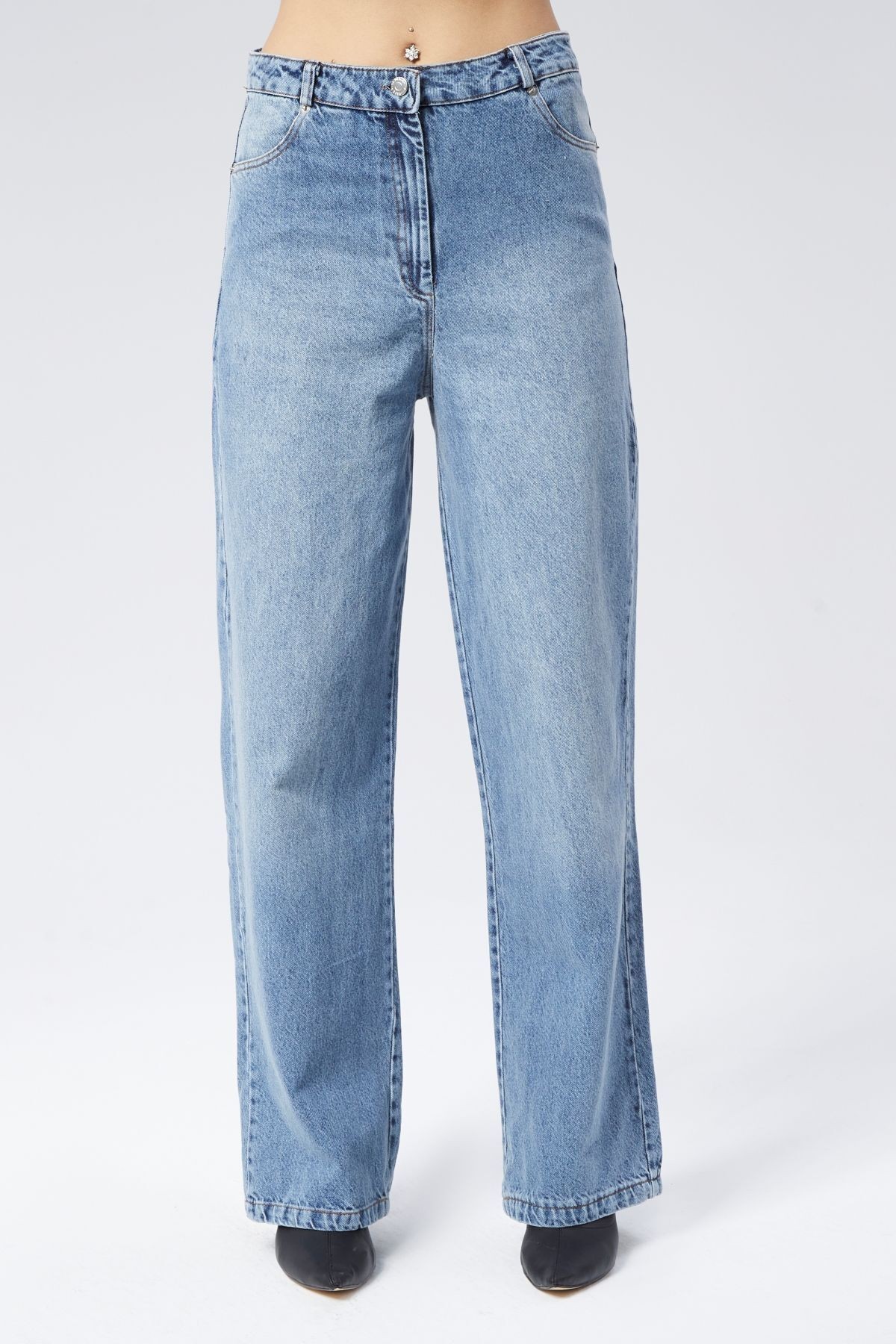 Malibu Kolej Denim Boru Paça Jean Kot Pantolon - Mavi