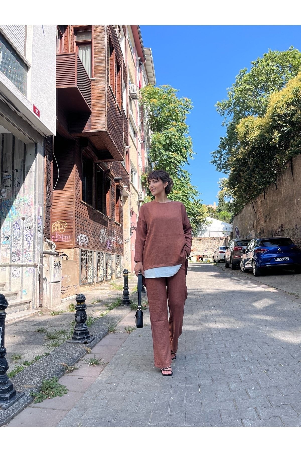 Bisiklet Yaka Renk Garnili Tunik Ve Pantolon Ikili Takım - Kahve