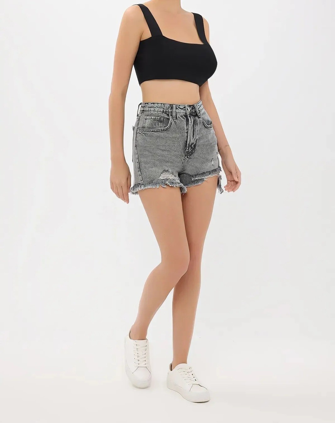 Yırtık denim şort - Gri
