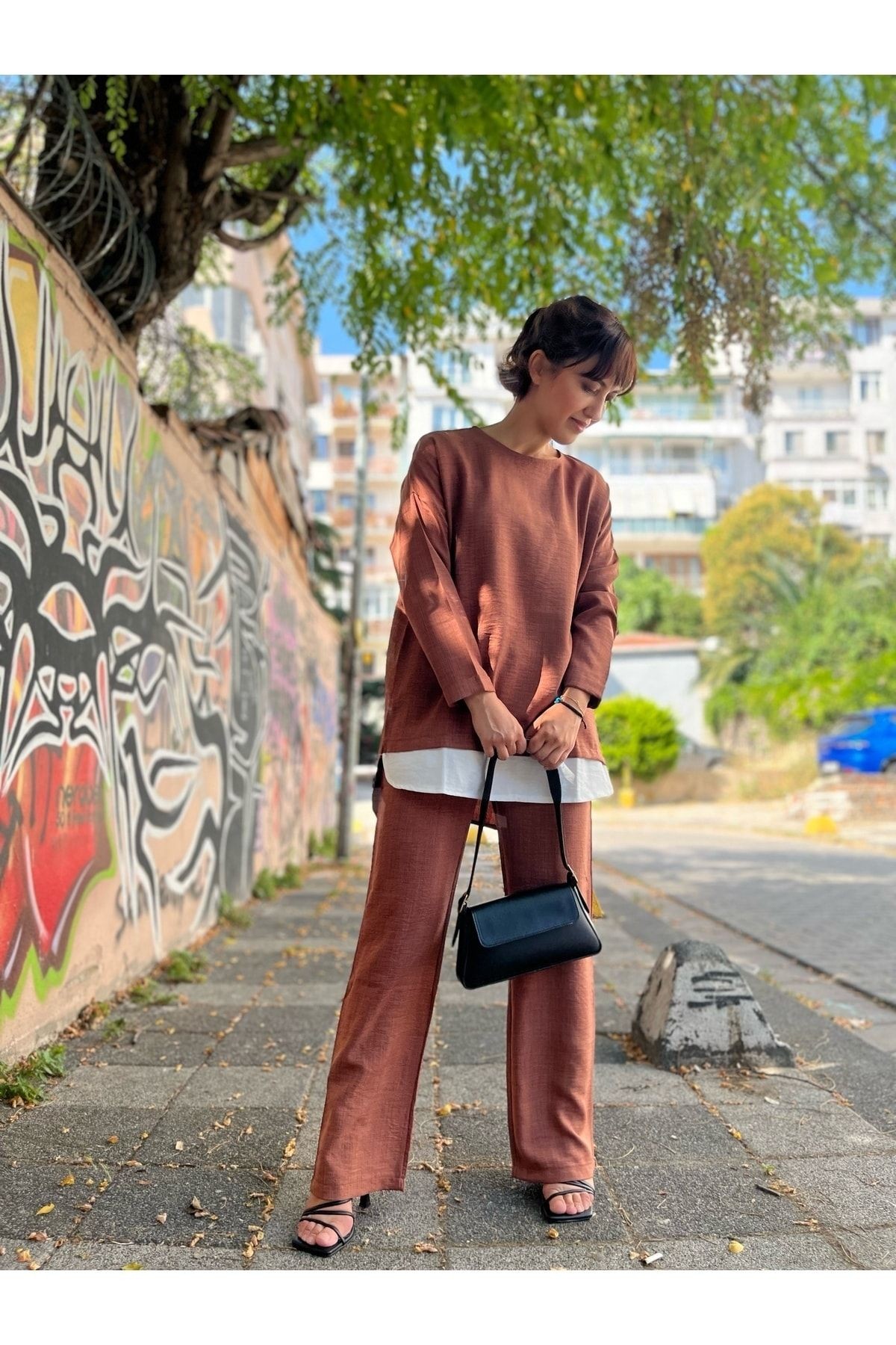 Bisiklet Yaka Renk Garnili Tunik Ve Pantolon Ikili Takım - Kahve