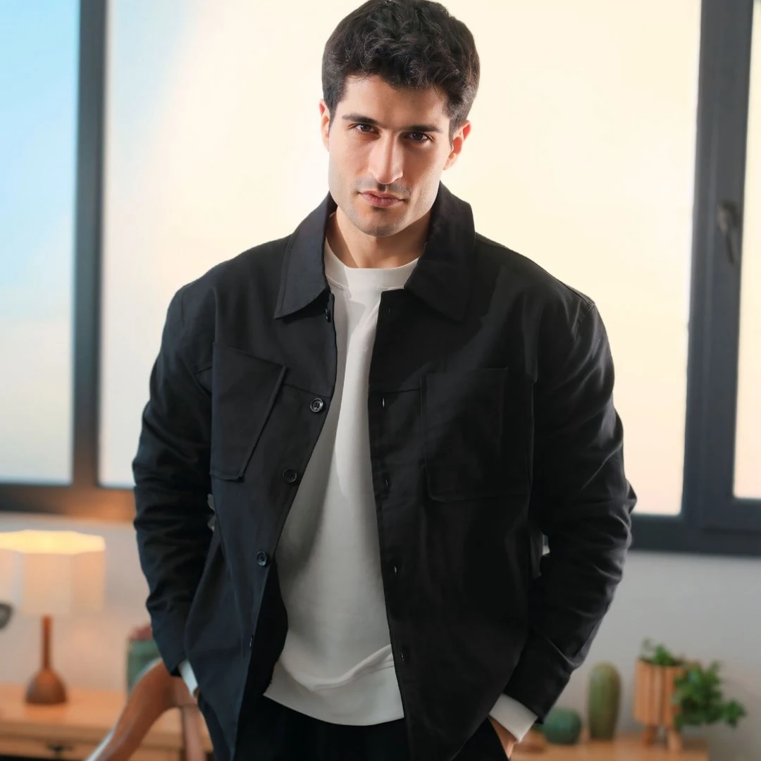 Polo Yaka Önden Düğme Detaylı Ceket-Siyah