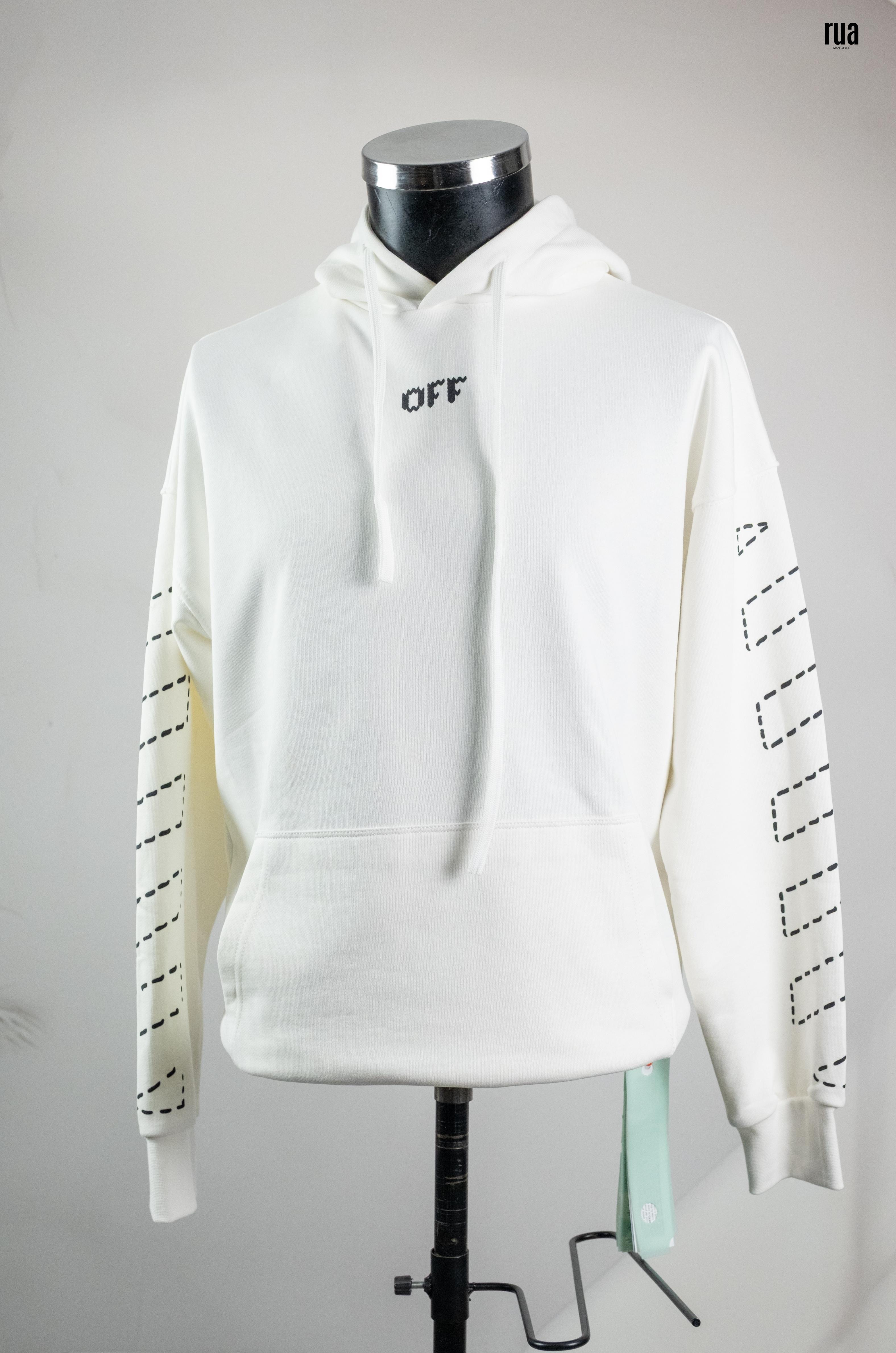 Off White Arkası Ve Kollar Desenli Kapşonlu Sweatshirt Beyaz