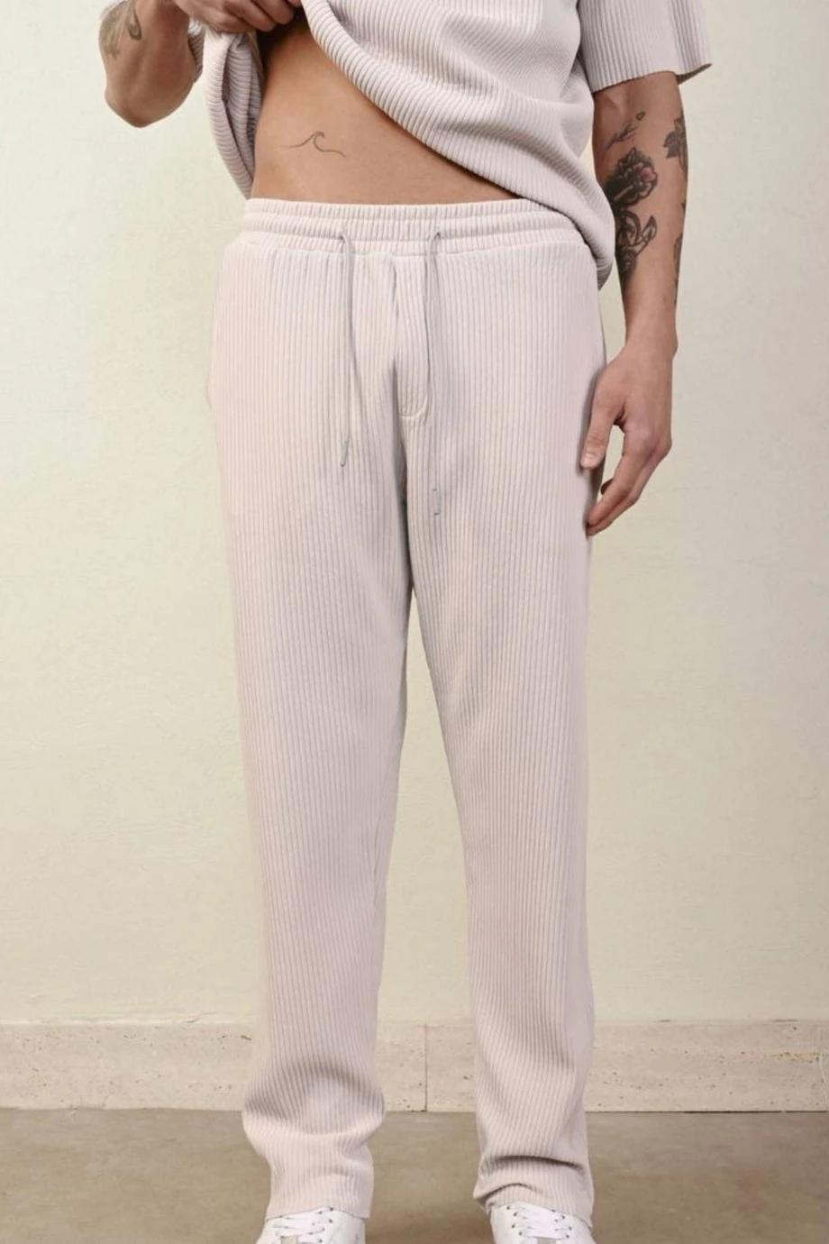 Belden Kordonlu Dokuma Pantolon-Ekru