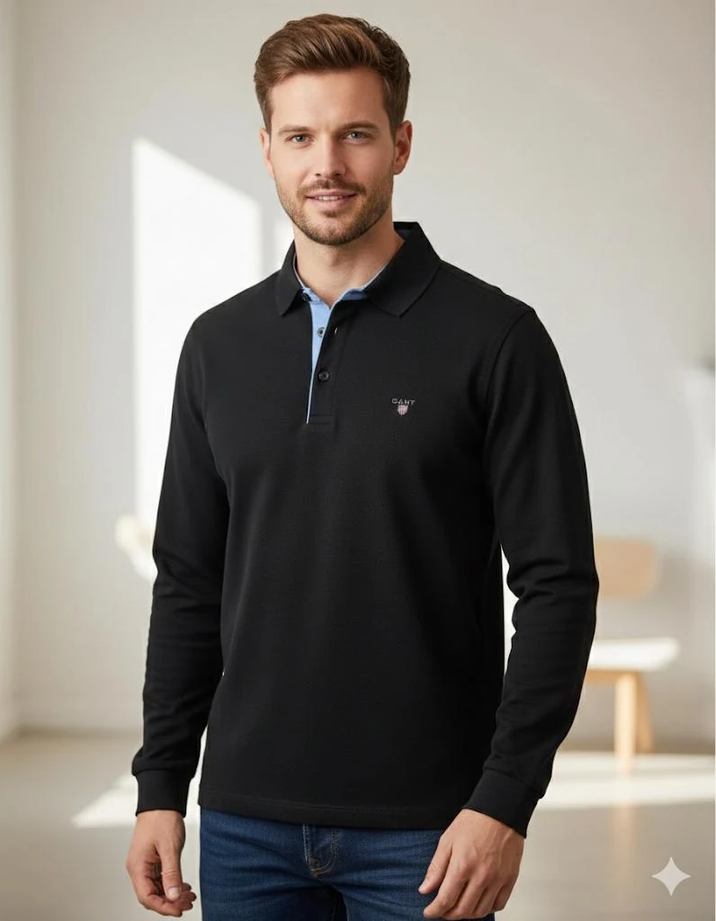 Polo Yaka Uzun Kollu Yaka Detaylı Tişört Siyah