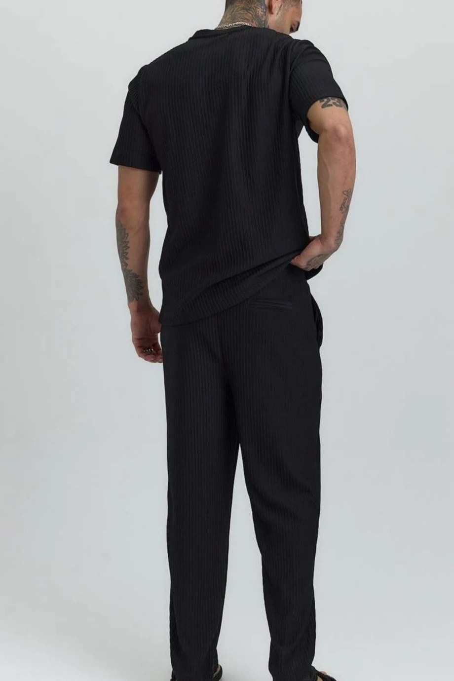 Belden Lasti̇kli̇ Kordonlu Dokuma Pantalon- Si̇yah