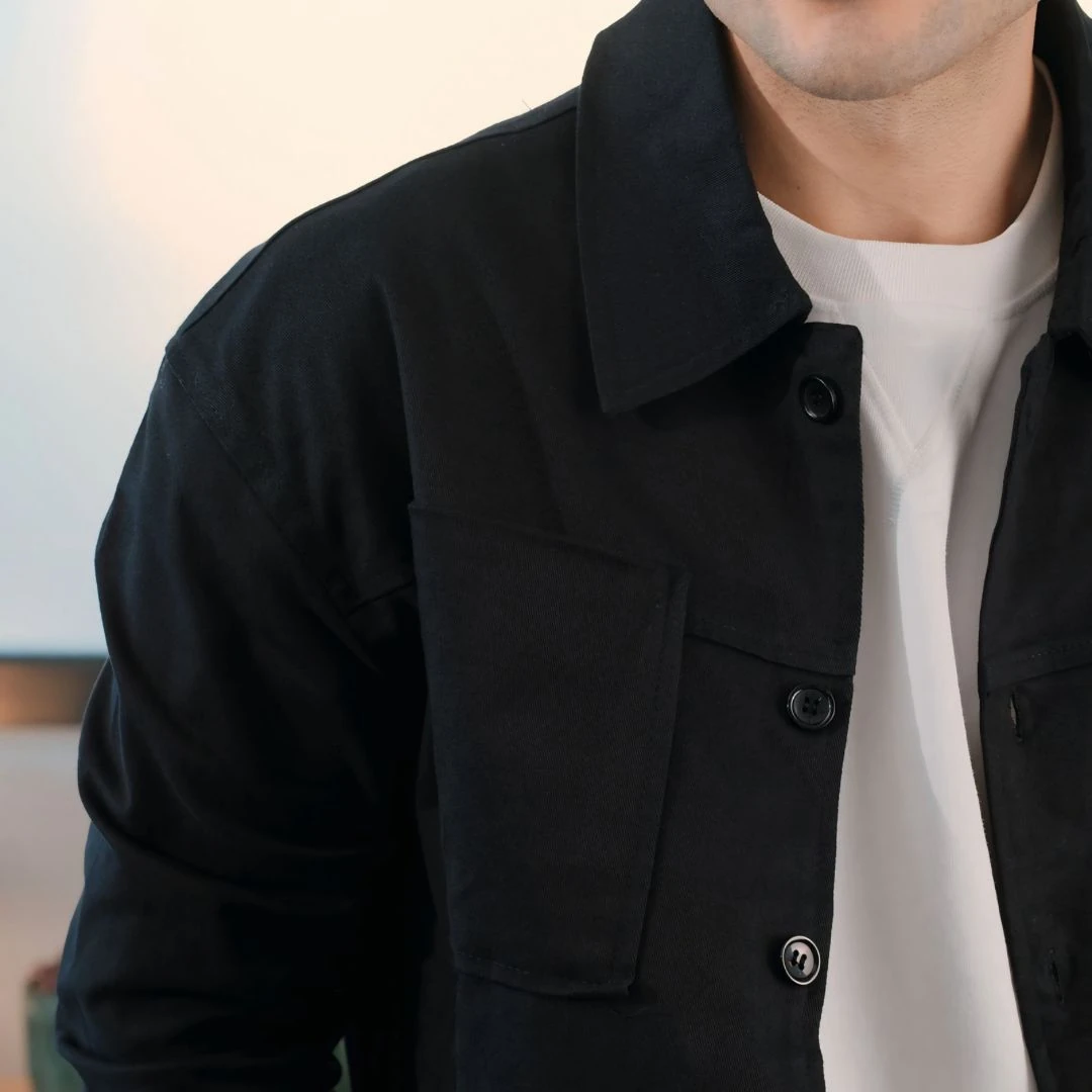 Polo Yaka Önden Düğme Detaylı Ceket-Siyah