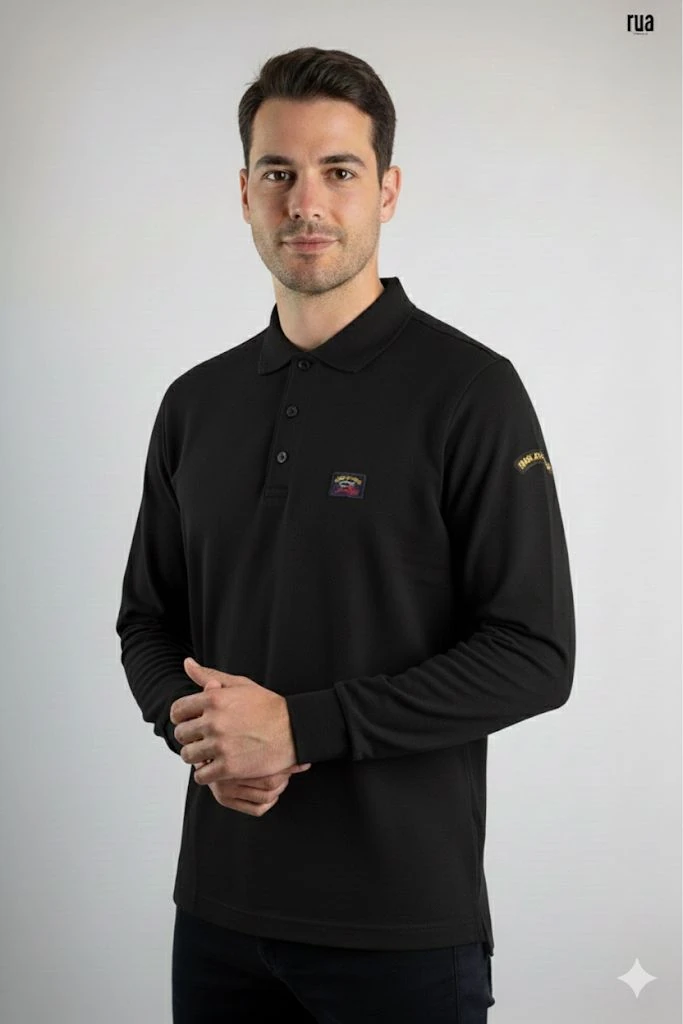 Polo Yaka Uzun Kollu Tişört Siyah