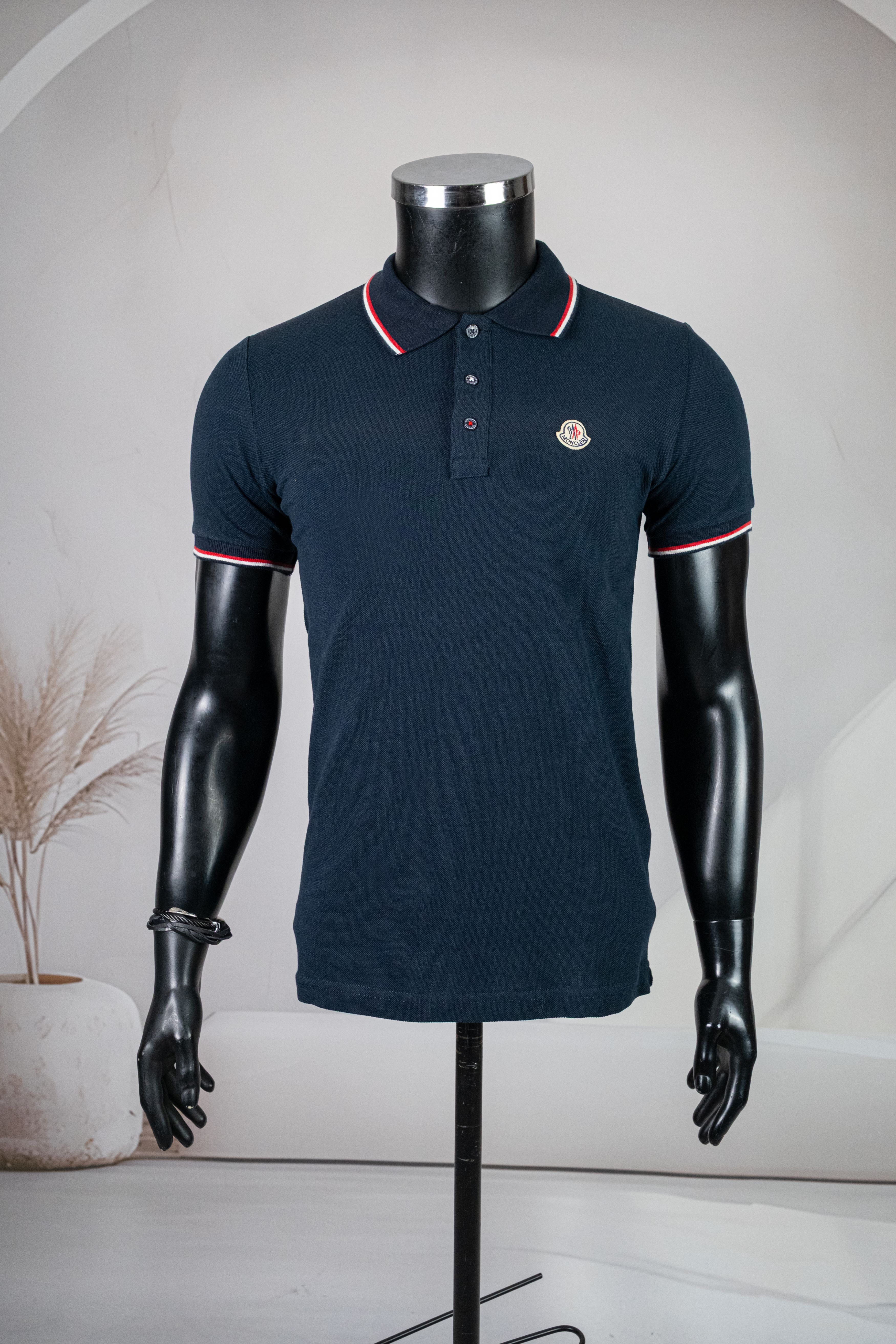 Moncler Lacivert Lacoste Kumaş Polo Yaka Yaka Çizgi Detaylı Tişört