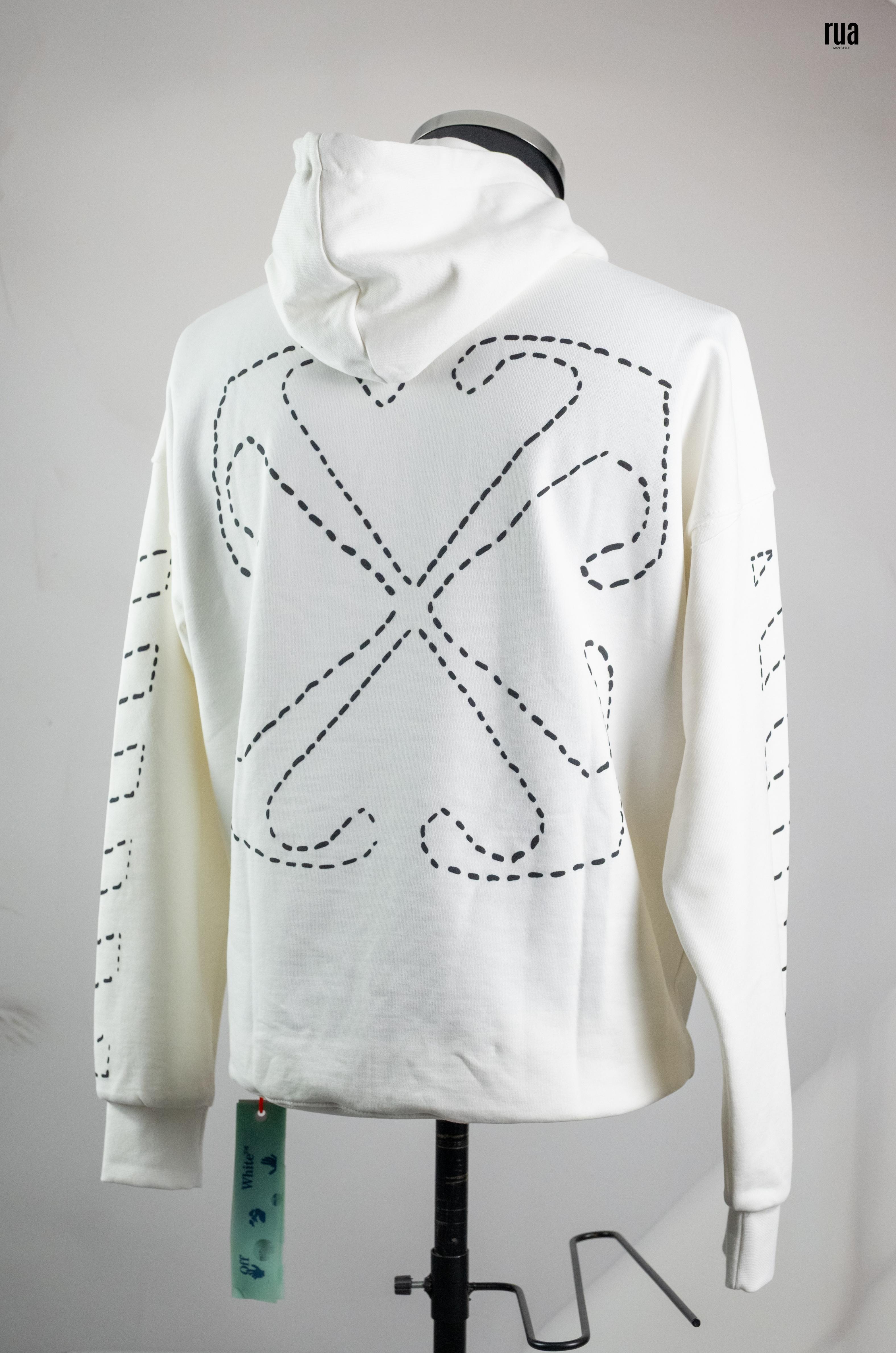 Off White Arkası Ve Kollar Desenli Kapşonlu Sweatshirt Beyaz