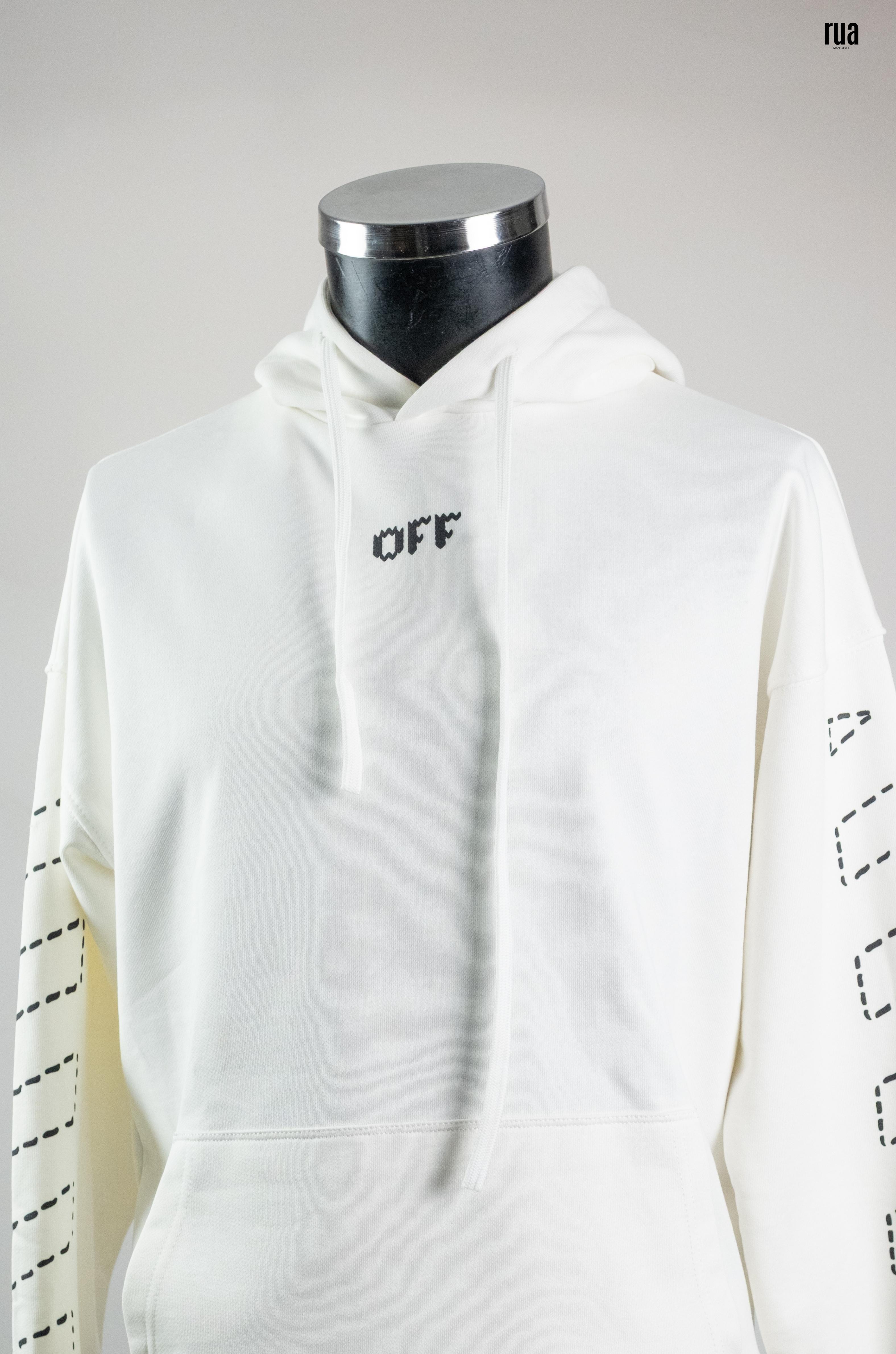 Off White Arkası Ve Kollar Desenli Kapşonlu Sweatshirt Beyaz