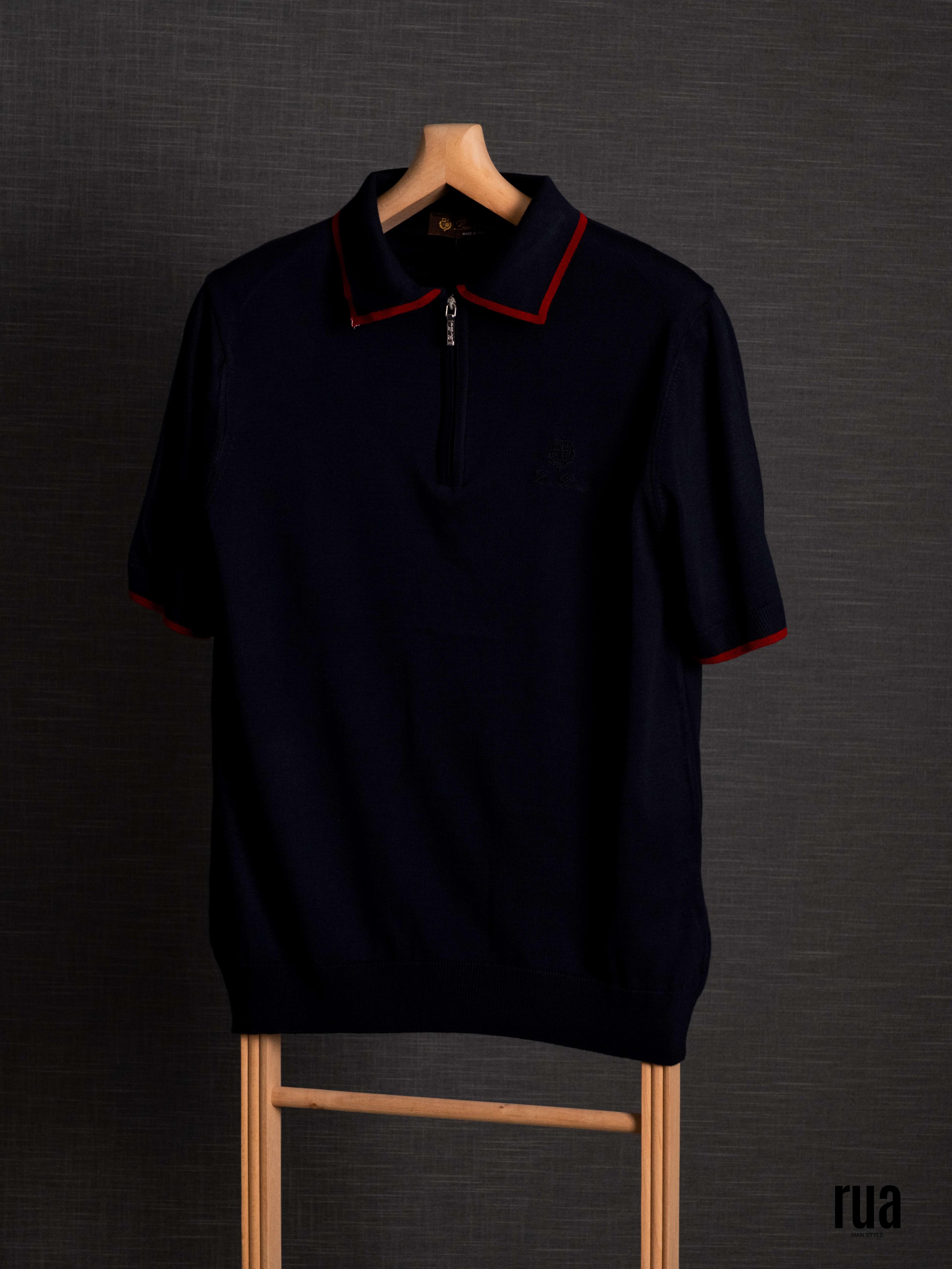 Zero Collar Rot Weiß Kragen Detaillierte Sommer Strick T-Shirt Marineblau