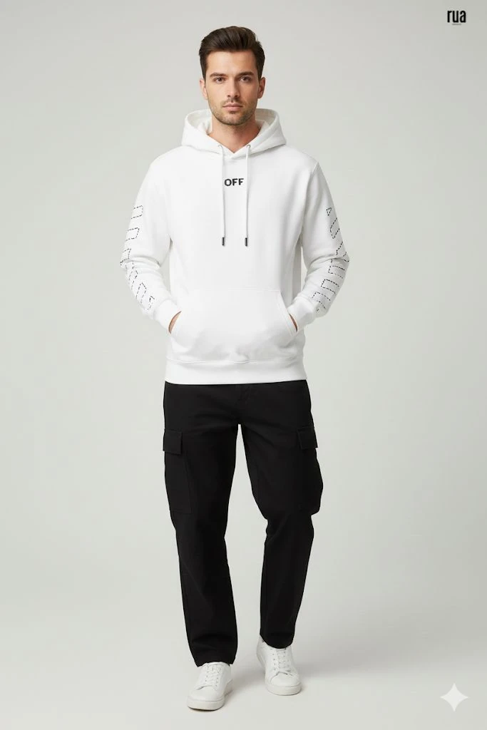 Arkası Ve Kollar Desenli Kapşonlu Sweatshirt Beyaz