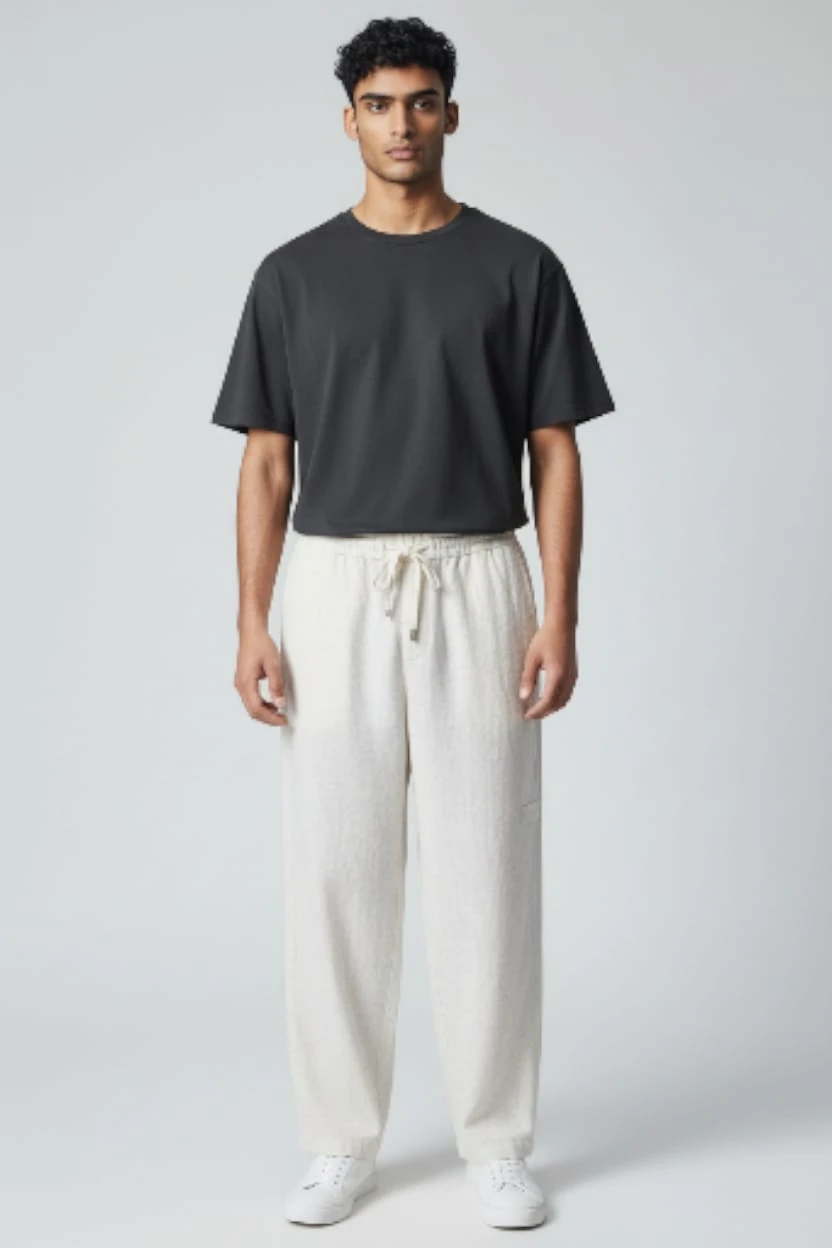 Krem Boru Paça Keten Pantolon