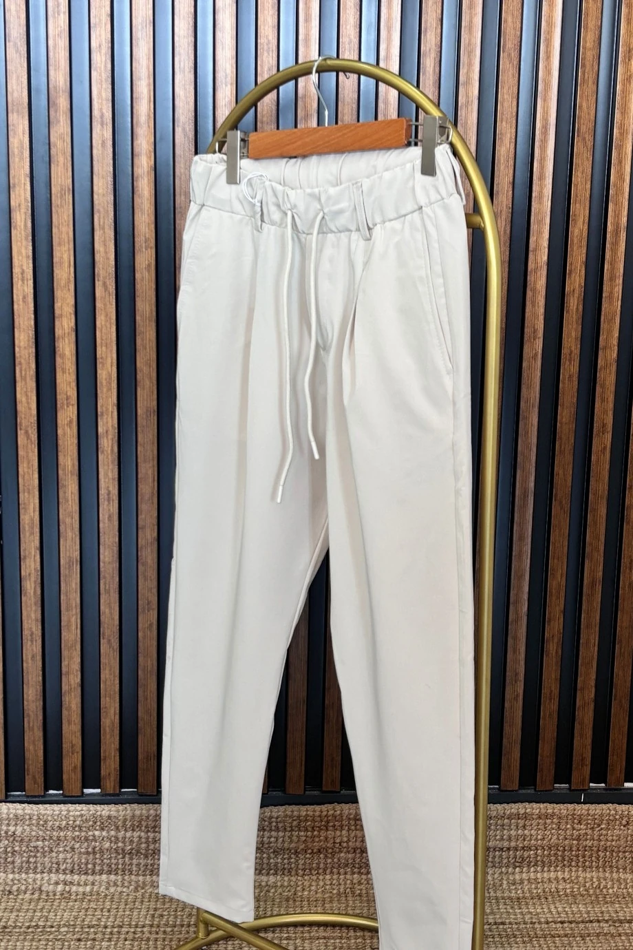 Belden Lasti̇kli̇ Kordonlu Dokuma Pantalon- Ekru