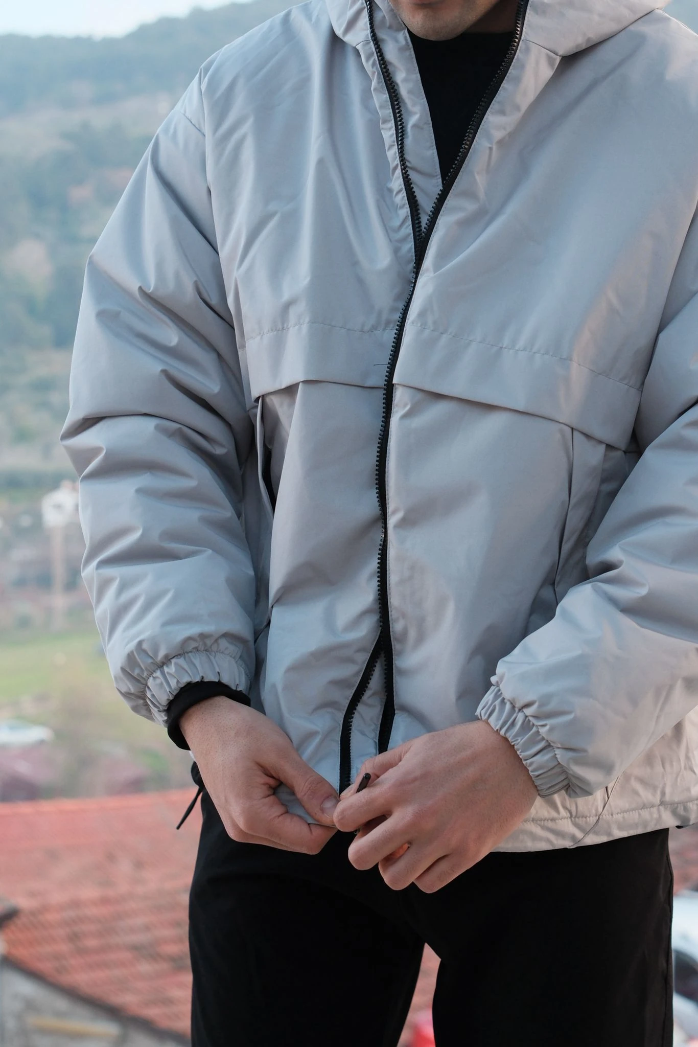 Kapşonlu Femuar Detaylı Mont-Gri