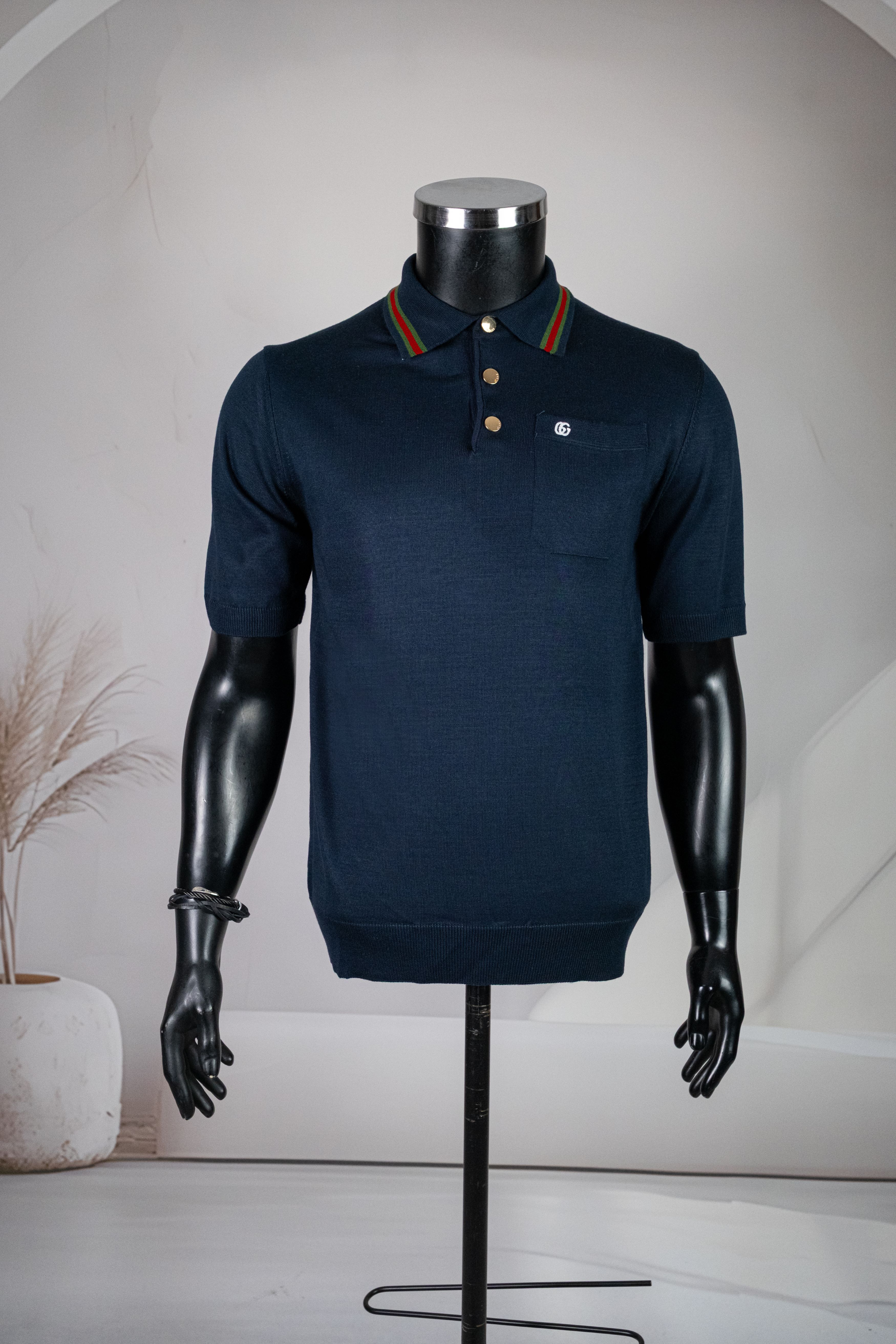 Gucci Lacivert Polo Yaka Yeşil Kırmızı Çizgi Detaylı Metal Düğmeli Kısa Kol Triko
