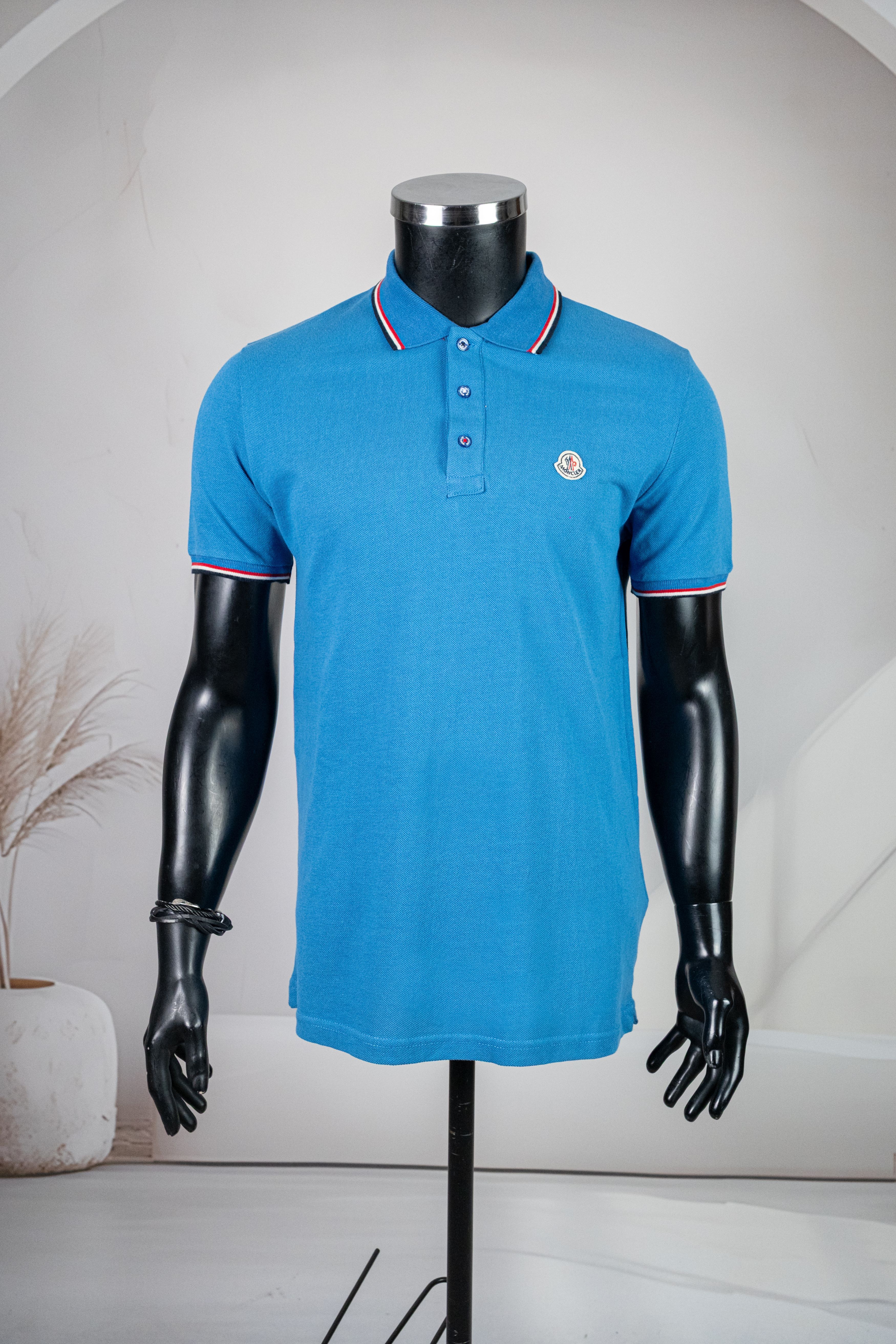 Moncler Mavi Lacoste Kumaş Polo Yaka Yaka Çizgi Detaylı Tişört