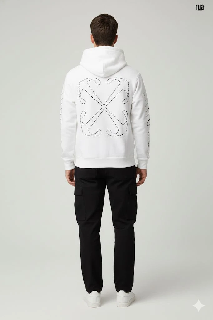 Arkası Ve Kollar Desenli Kapşonlu Sweatshirt Beyaz