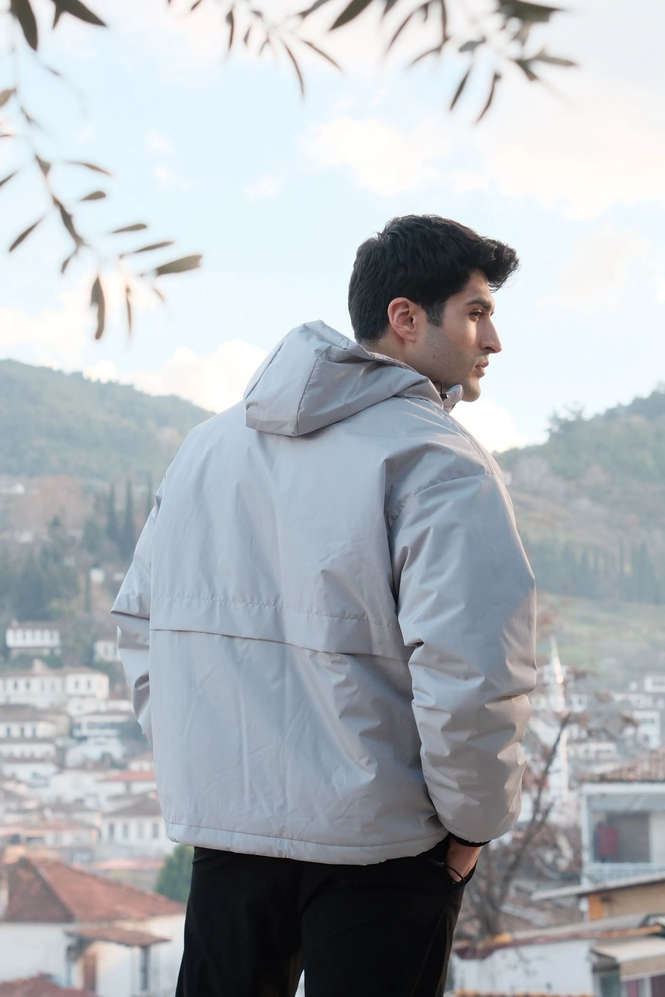 Kapşonlu Femuar Detaylı Mont-Gri