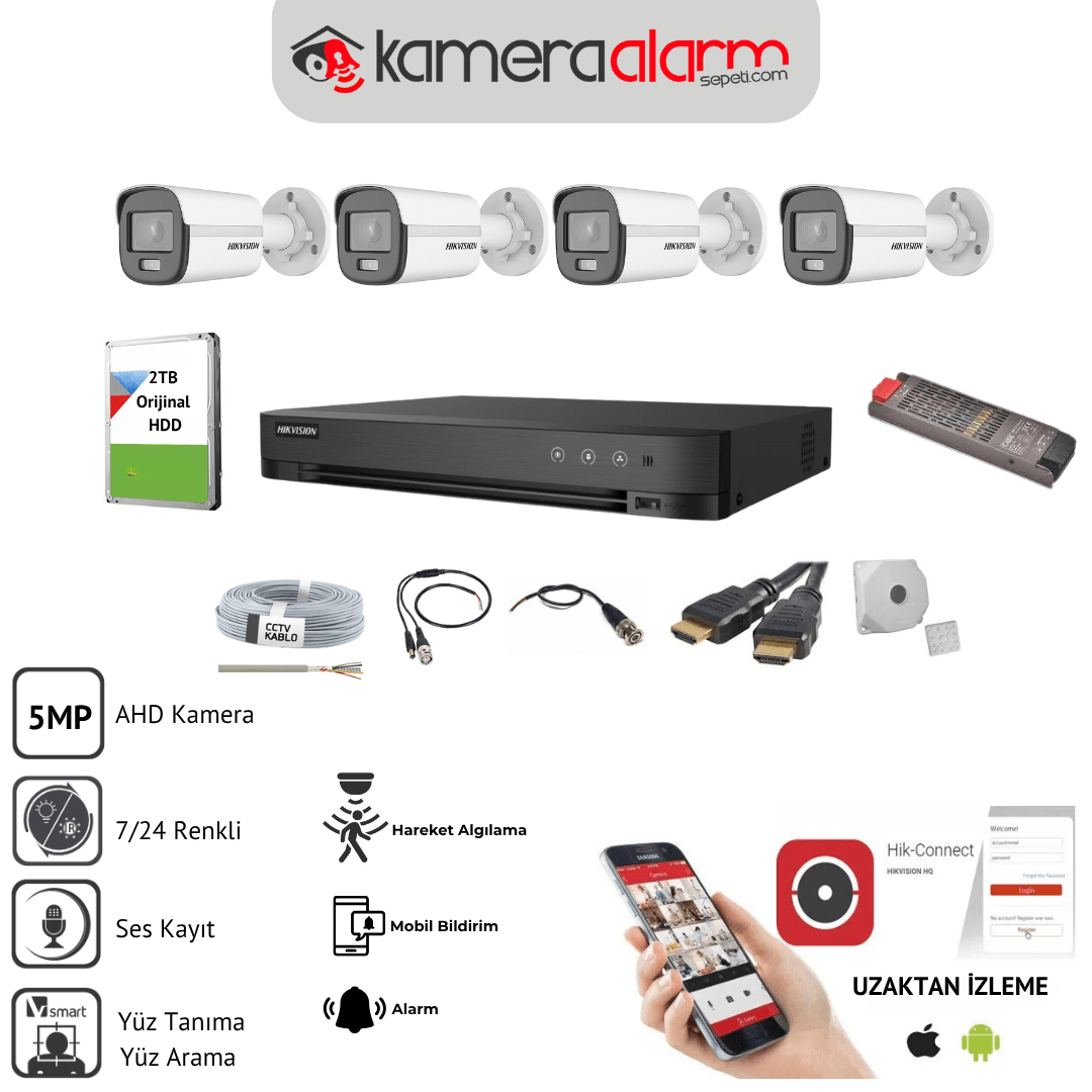 Hikvision 4 Kameralı Gece Gündüz Renkli 4MP Ses Kayıtlı Güvenlik Kamerası Seti