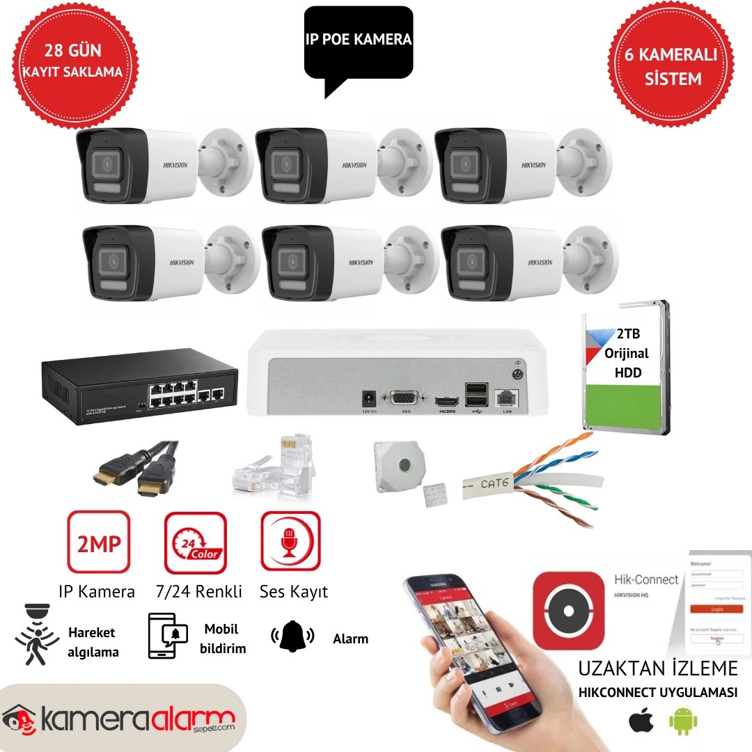 Hikvision 6 Kameralı 2MP Ses Kayıtlı, IP Kamera Sistemi - Gece Gündüz Renkli Görüş