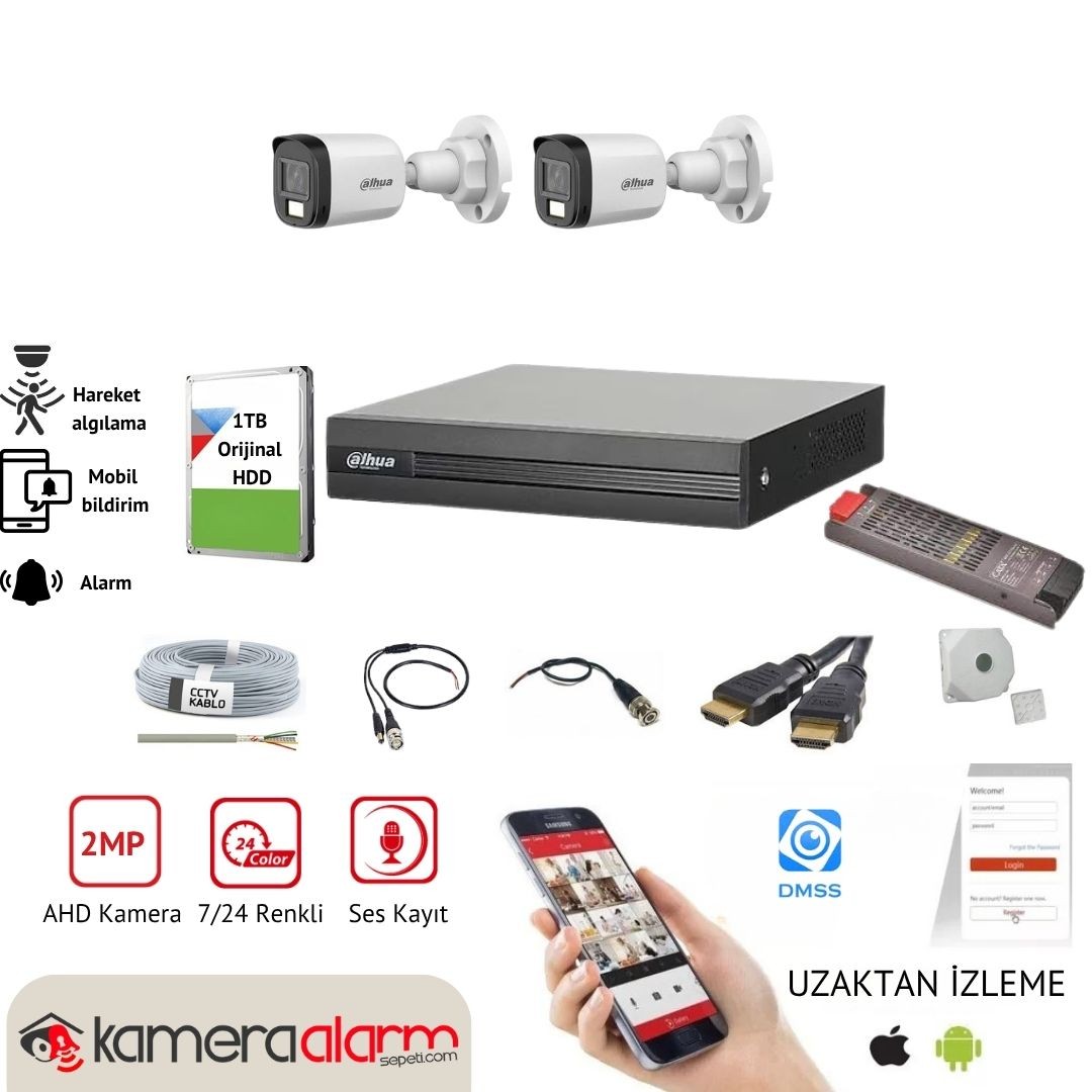 Dahua 2 Kameralı Mikrofonlu Gece Renkli Görüşlü 2MP Kamera Seti
