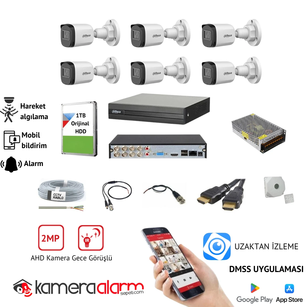 Dahua 6 Kameralı 2MP AHD Güvenlik Kamerası Sistemi