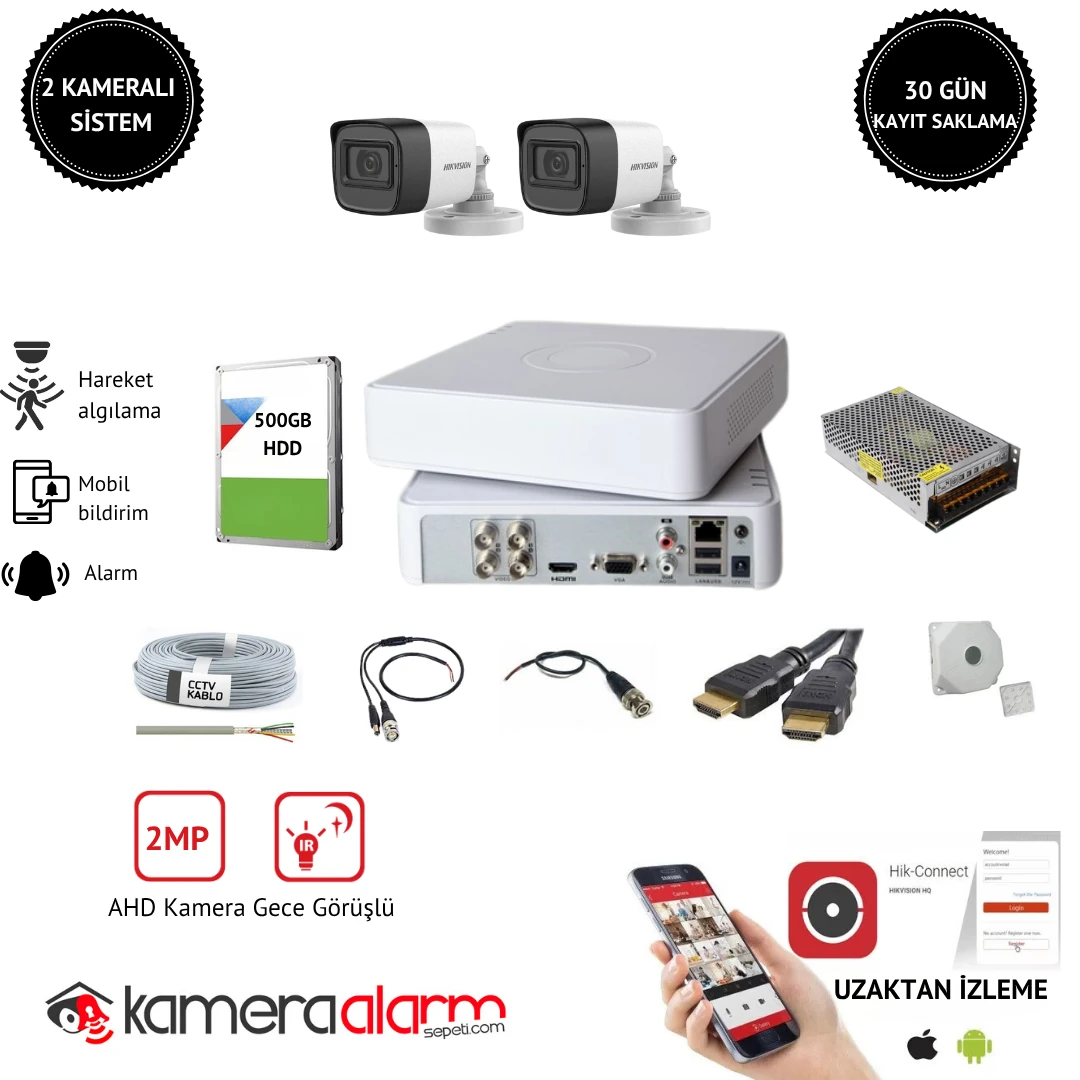 Hikvision 2 Kameralı 2MP AHD Güvenlik Kamerası Sistemi